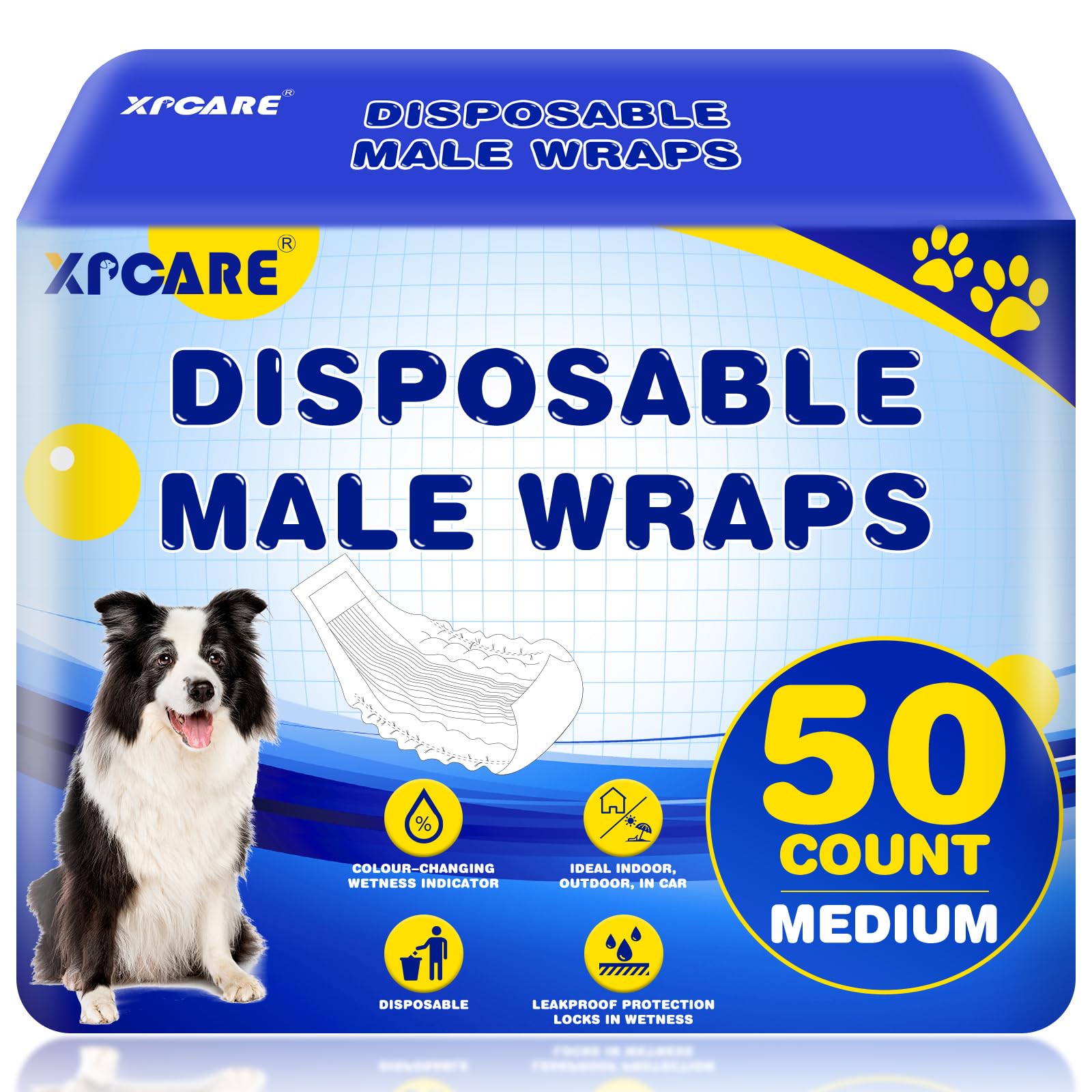 XPCARE 50 Count Disposable Male Dog Diapers, Male Dog Wraps,Super Absorbent Leak-Proof Fit (Medium)