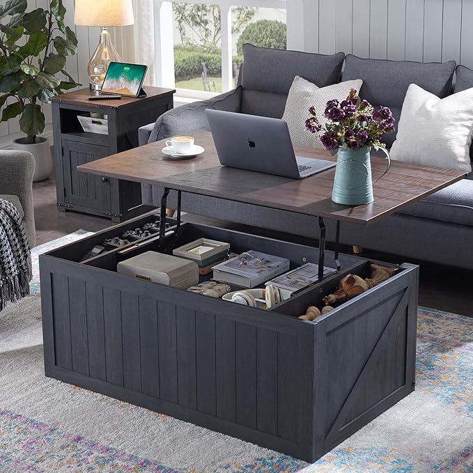 SinCiDo 48” Lift Top Coffee Table with Sliding Groove Barn Door, Dark Grey