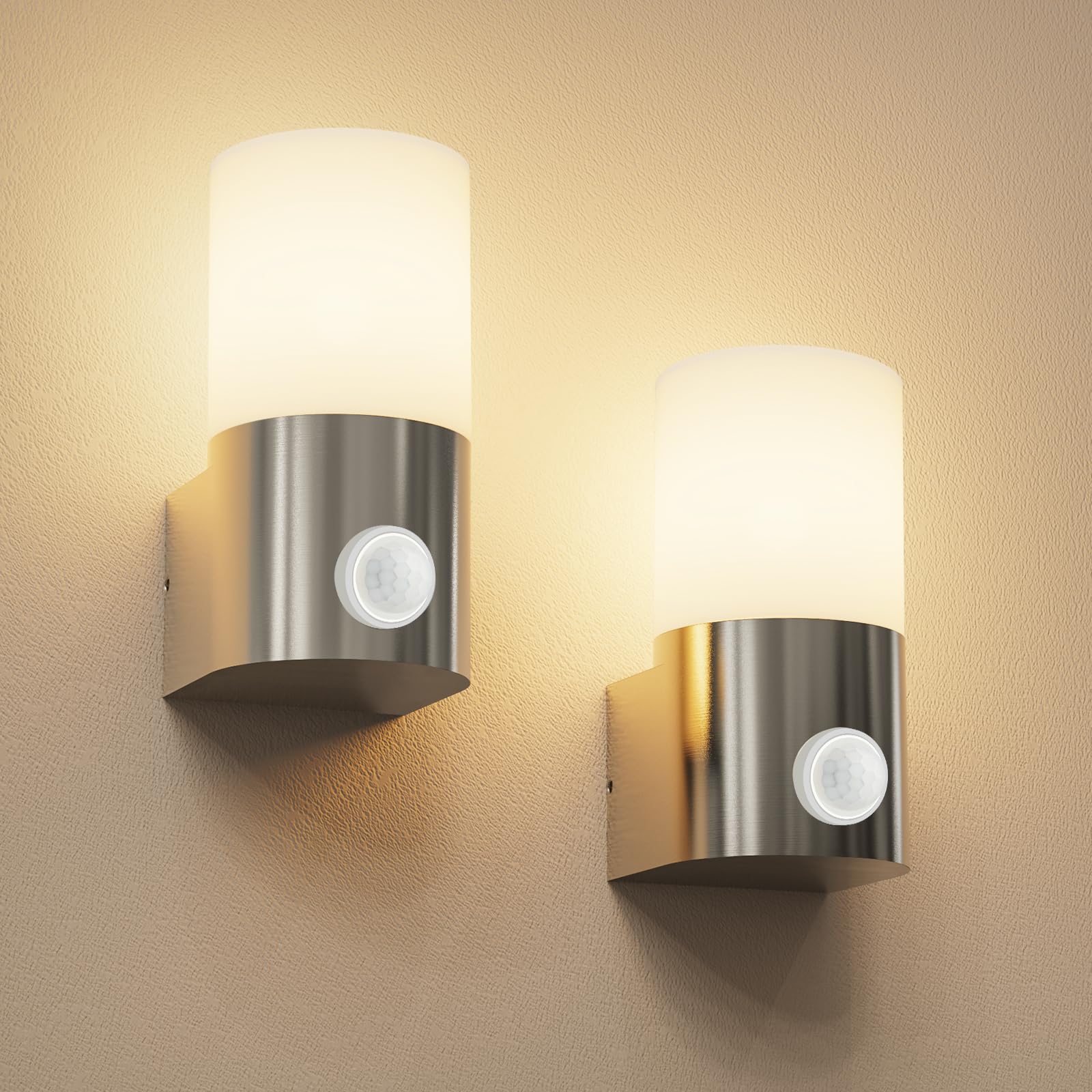 Allesgute 2er Wandlampe E27, Wandleuchte mit Bewegungsmelder Gebürstet Edelstahl, IP65 Aussenlampe, PC+Aluminium, Moderne Wandleuchten Außen für Hauswand, Balkon, Terrasse(Ohne Leuchtmittel)