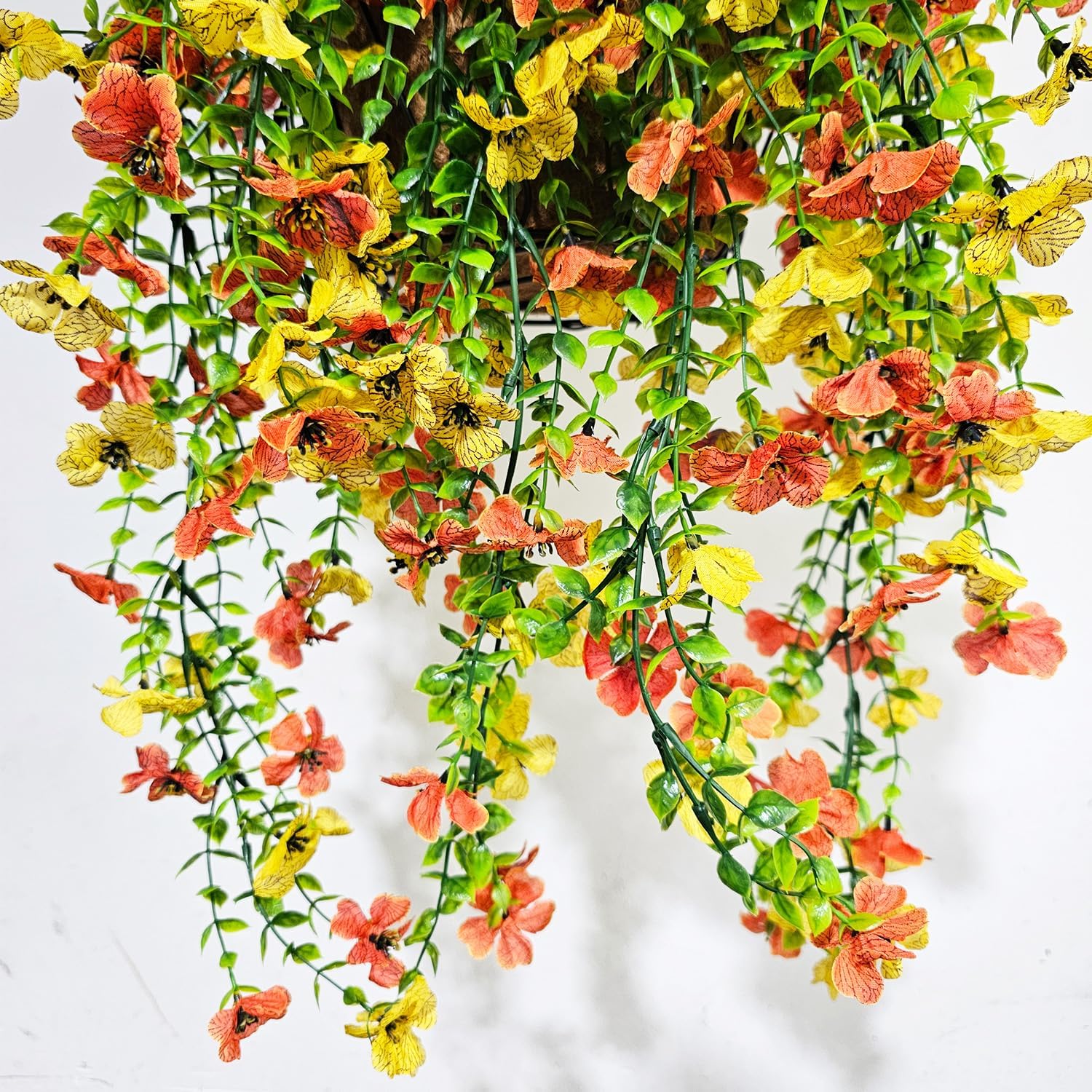 Artificial Hanging Flowers for Outdoor,4 Pcs Fake Hanging Plants Decoration,UV Resistant Faux Silk Flower with Eucalyptus Leaves for Outside Planter Yard Porch Patio Balcony (Orange+Yellow) - Image 4