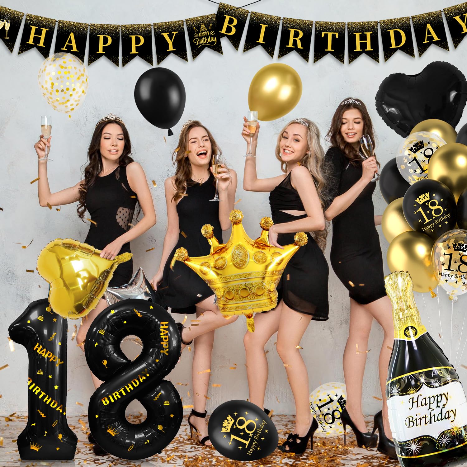 Palloncini 18 Anni Compleanno - Kit Decorazioni Nero E Oro Con Striscione - Foto 3