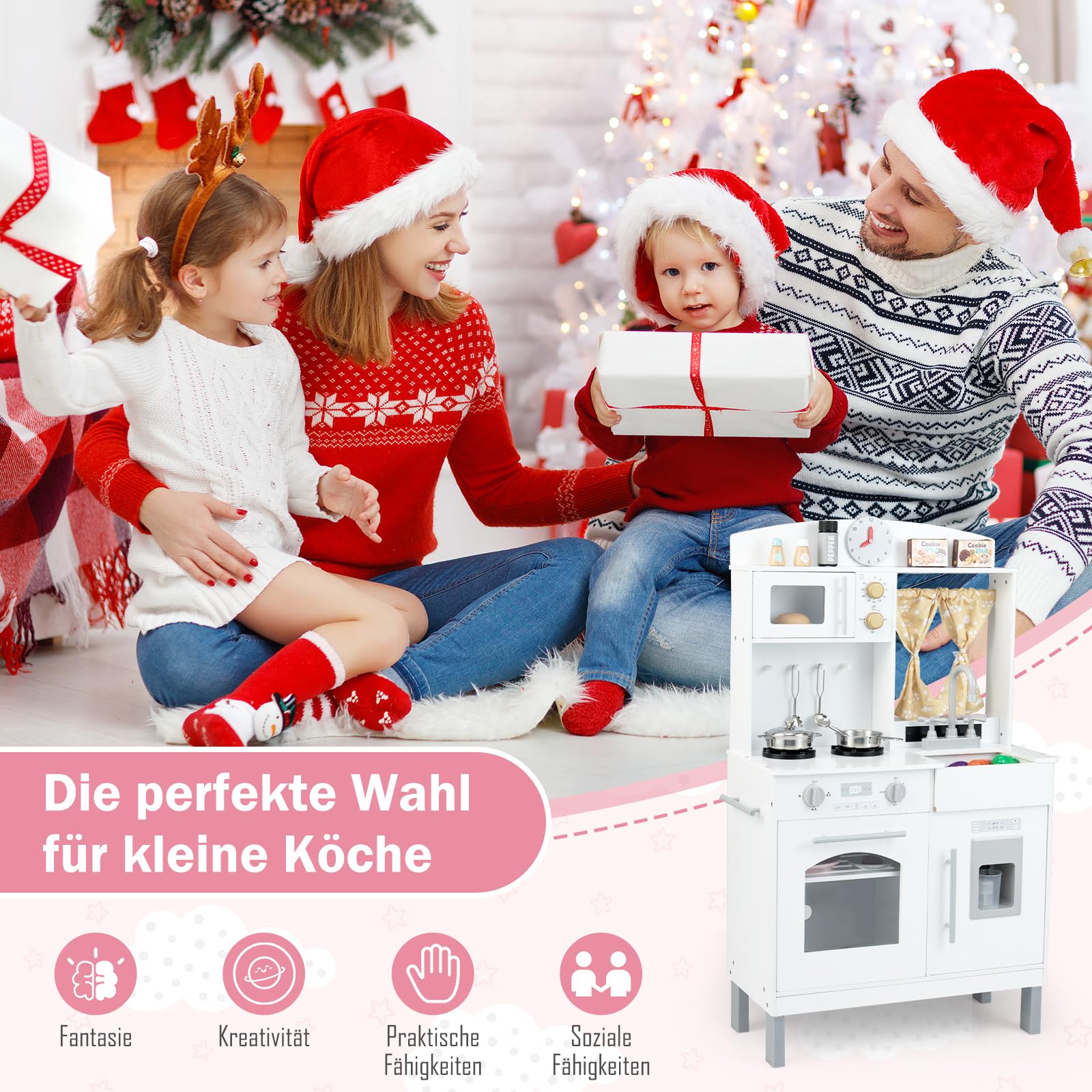 COSTWAY Kinderküche inkl. Zubehör, Spielküche höhenverstellbar mit Mikrowelle, Herd, Spüle, Ofen & Eismaschine, Spielzeugküche Holzküche für Kinder ab 3 Jahren