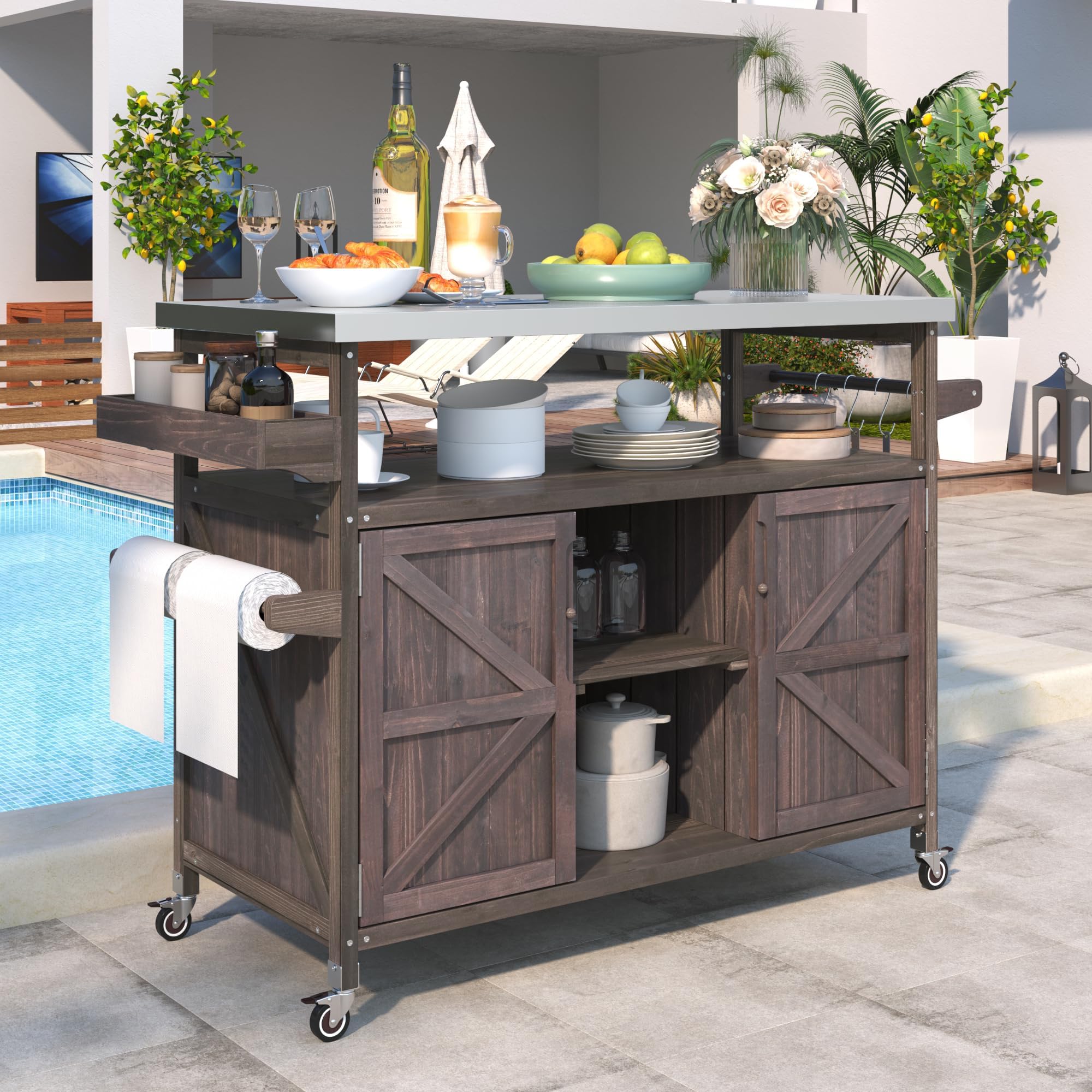 RUNNA Outdoor Kitchen Island, Rolling Bar Cart & Storage Cabinet, Farmhouse Solid Wood Outdoor Grill Table with Stainless Steel Top, Spice Rack, Towel Rack for Kitchen & BBQ (Dark Brown~098)