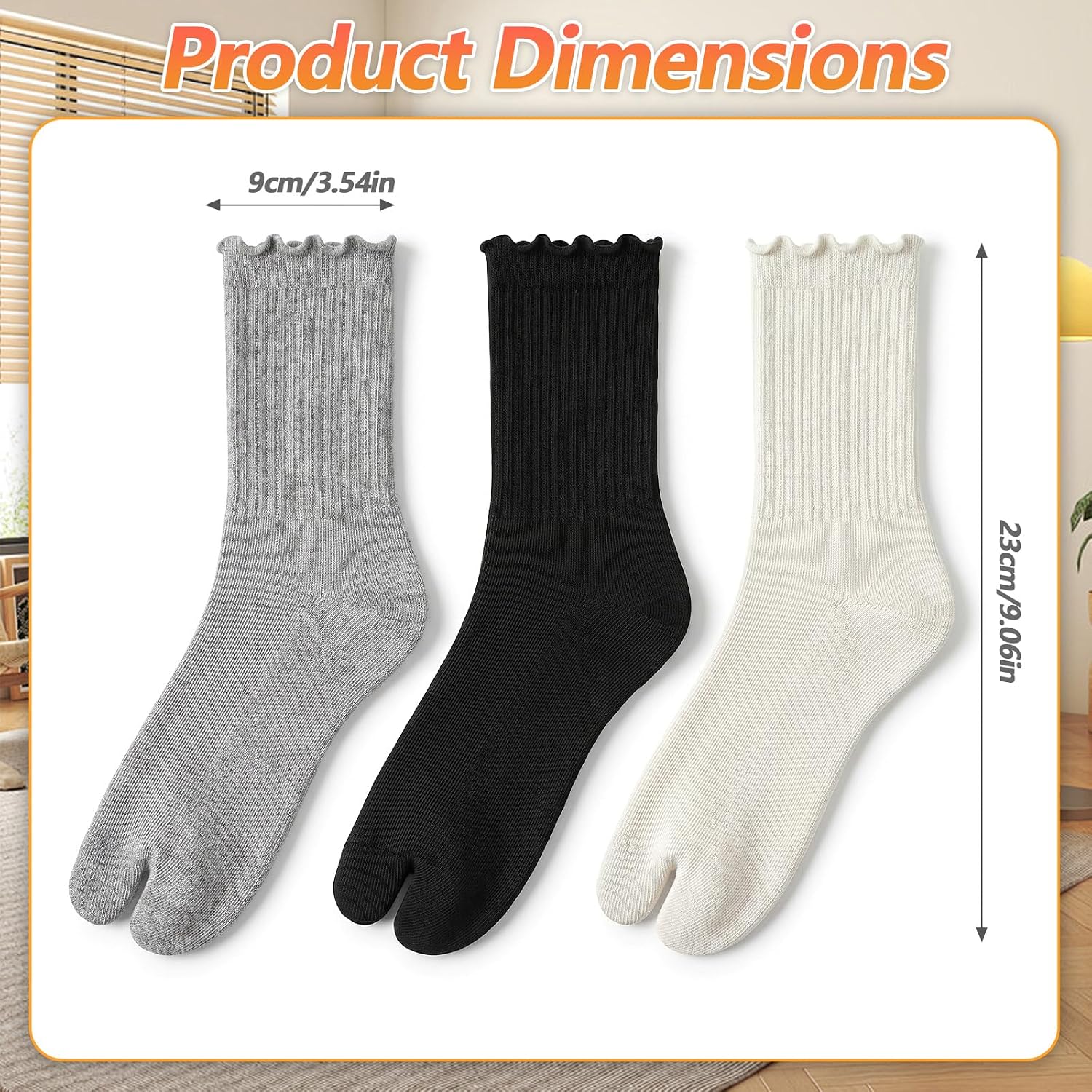 3 Pairs Split Toe Socks for Women, Ruffle Tabi No Show, Perfect for Ballet Flats Heels, Black White Gray