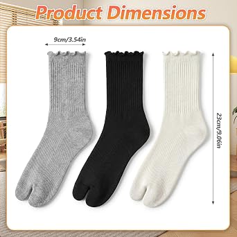 3 Pairs Tabi Socks for Women, Black White Gray