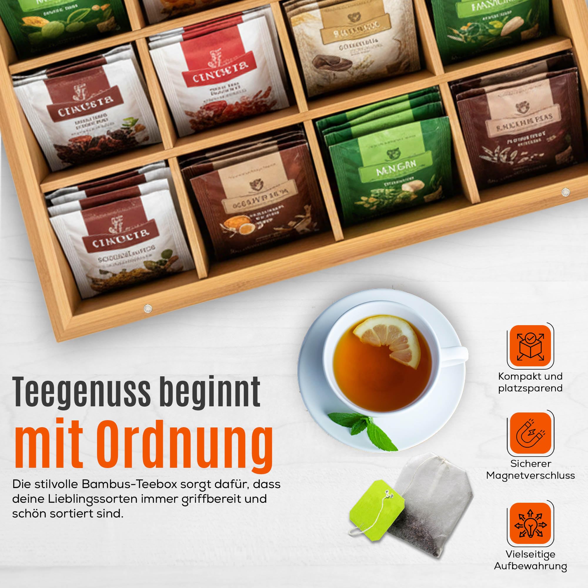 AH® Teebox aus Bambus mit 12 Fächern – Teekiste zur Teebeutel Aufbewahrung mit Sichtfenster & Magnetverschluss, HBT: 9 x 29 x 24 cm, Natur