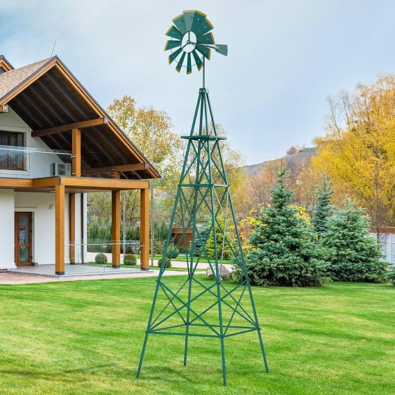 DREAMADE 8ft Steel Windmill, Farmhouse Windmill Decoration with Directional Vane, 4 Anchoring Stakes & Reinforced Base, Weather-Ready Garden Spinner for Backyard, Garden, Patios, Rural Areas (Green)