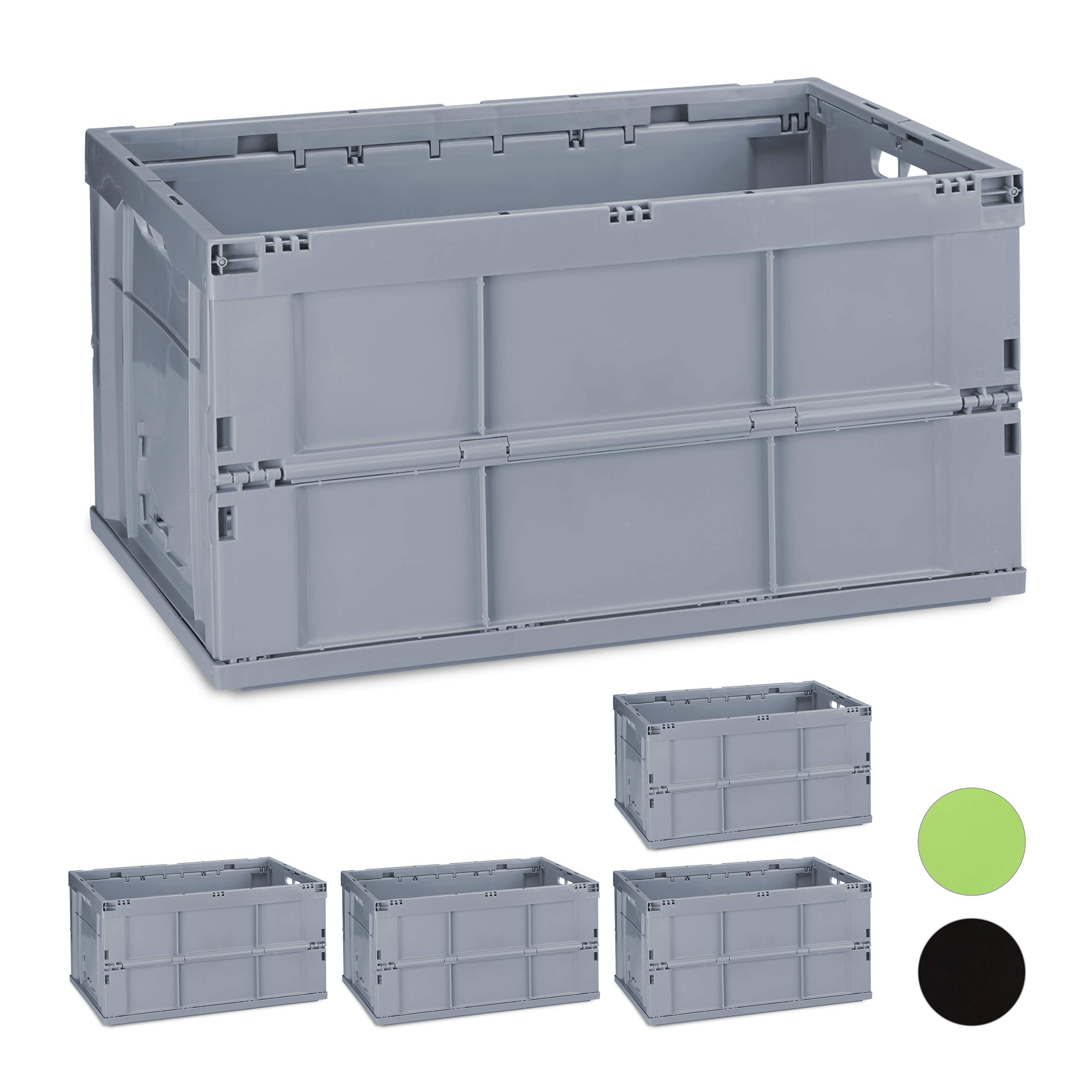 Relaxdays 5 Cajas de Almacenaje Plegables 60 L, Plástico, 31.5 x 58.5 x 40 cm, Gris