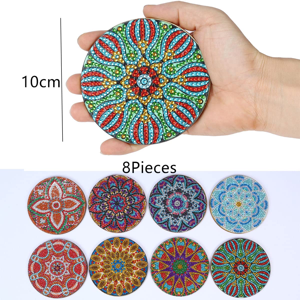 VVBAOZI 8 stks/set Diamond Art Mandala Onderzetters met Houder DIY Hout Mandala Onderzetters Diamant Schilderij Kits voor Beginners Volwassenen en Kinderen