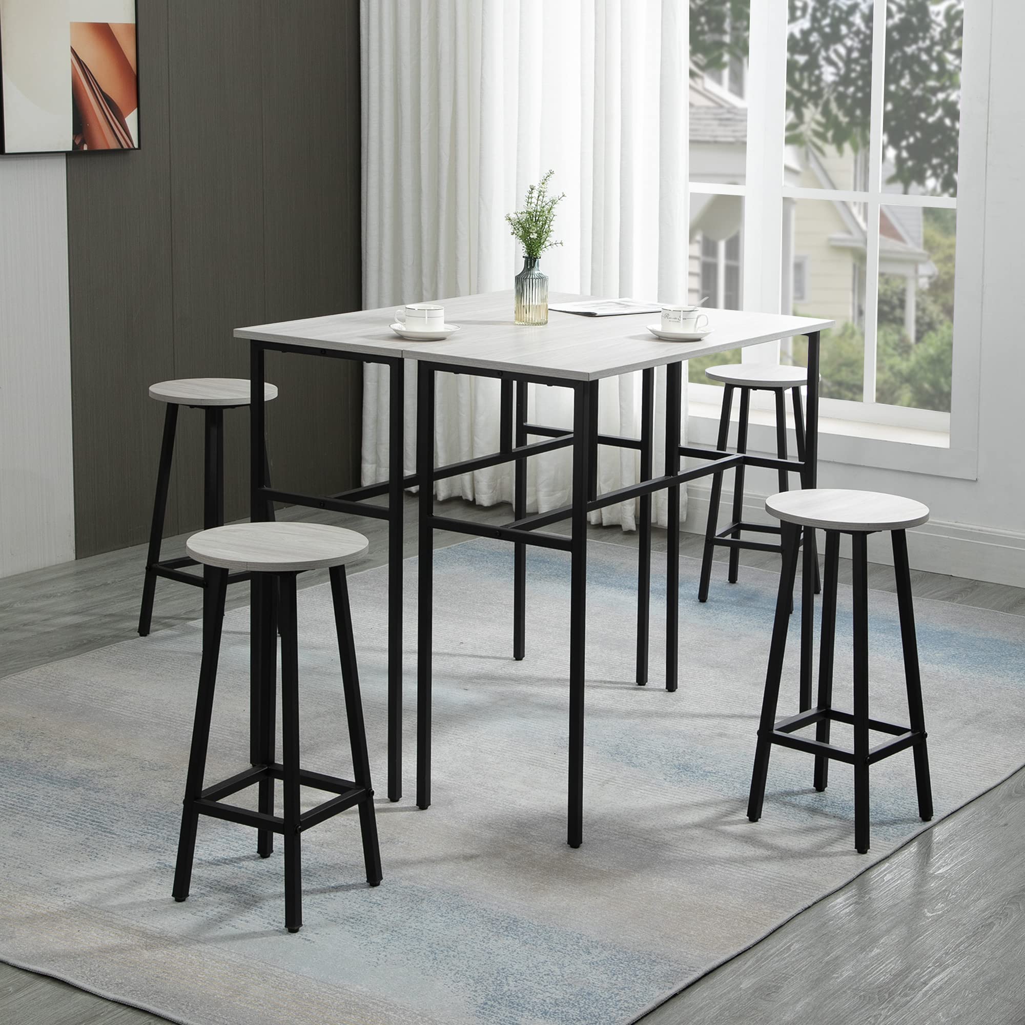 HOMCOM Set 6 Pz con 4 Sgabelli da Bar e 2 Tavoli Alti per Cucina e Soggiorno in Legno Truciolato e Acciaio, Grigio