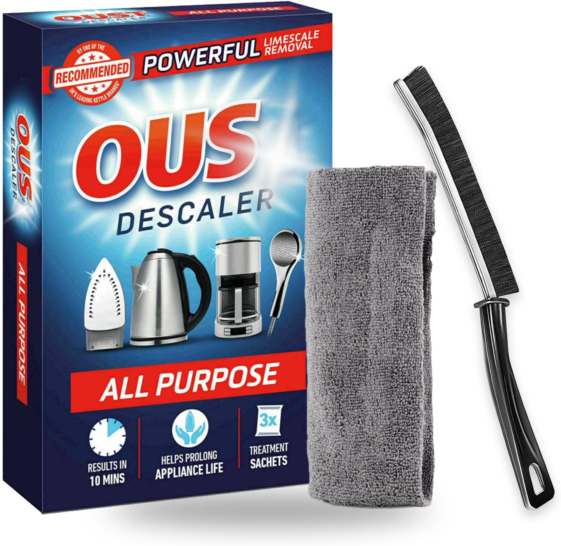 Kettle Descaler & Limescale Remover Kit – Powerful All Purpose Descaler Sachets(x3) with Microfibre Cloth & Gap Cleaning Brush for Coffee Machines, Irons, Shower Heads Deep Cleaning & Rust Removal
