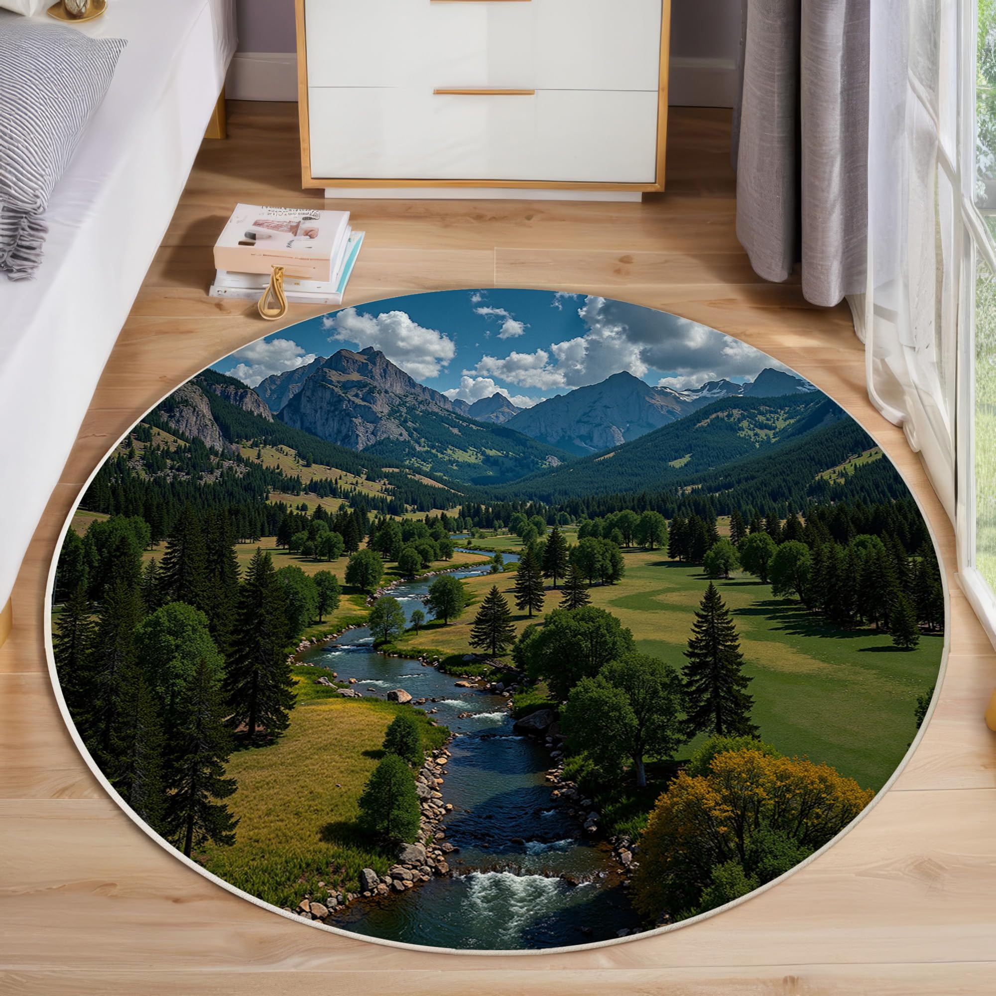 Tapis rond 200cm salon au décor de ruisseau pour créer un coin nature apaisant