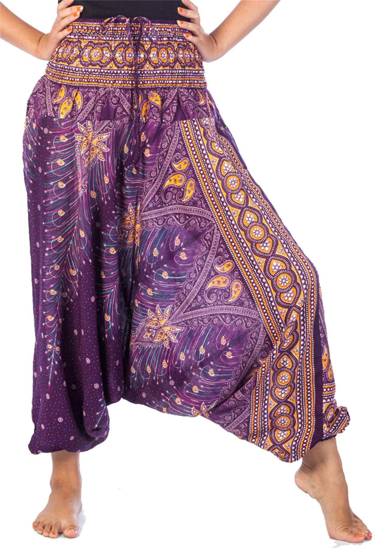 Lofbaz Women's Peacock 2 in 1 Harem Trousers Jumpsuit Purple & Gold 4XL