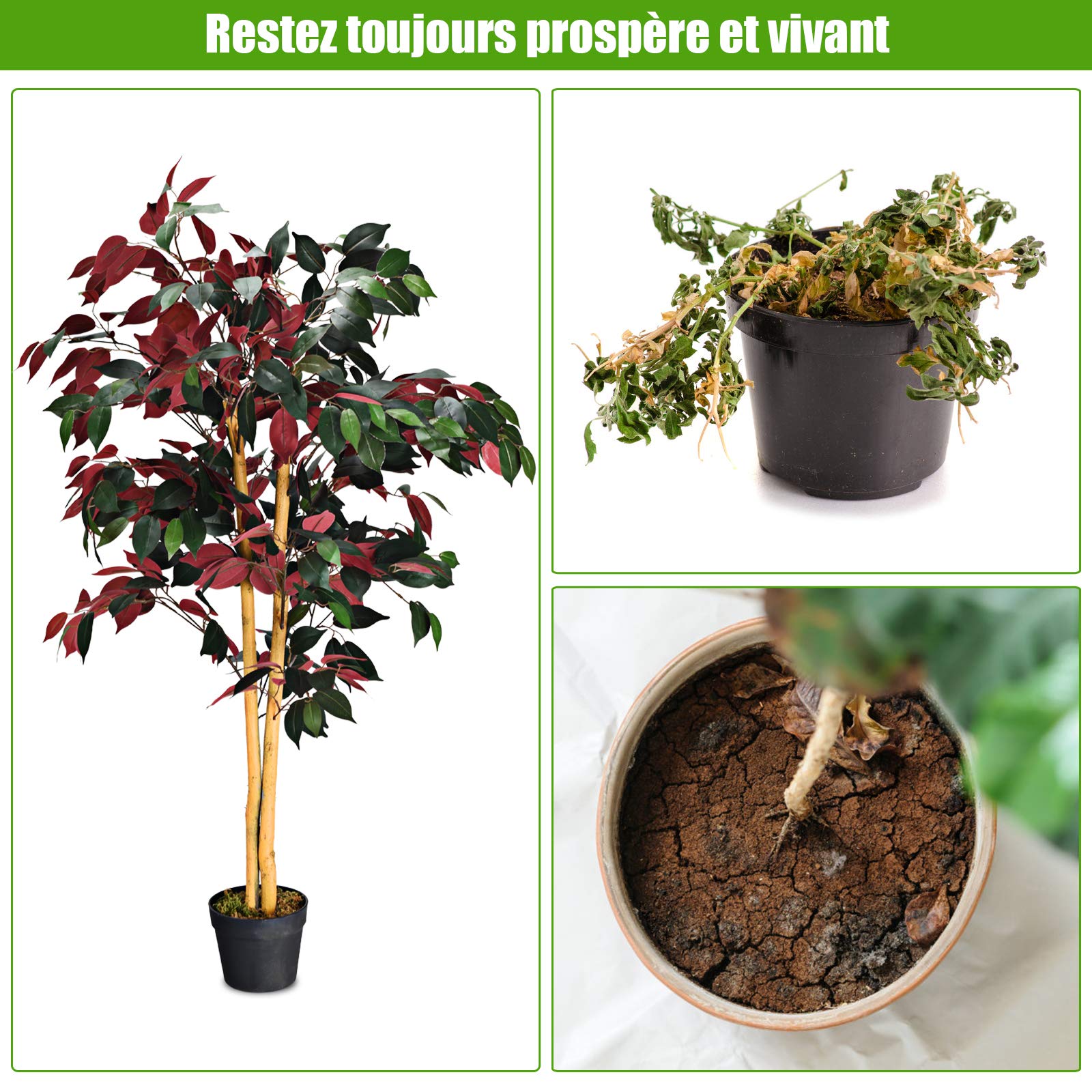 COSTWAY Plante Artificielle Arbre Ficus Artificiel Hauteur 120 CM Décoration Intérieur et Extérieur avec Pot Cimenté pour Salon, Balcon, Chambre, Bureau, Séjour