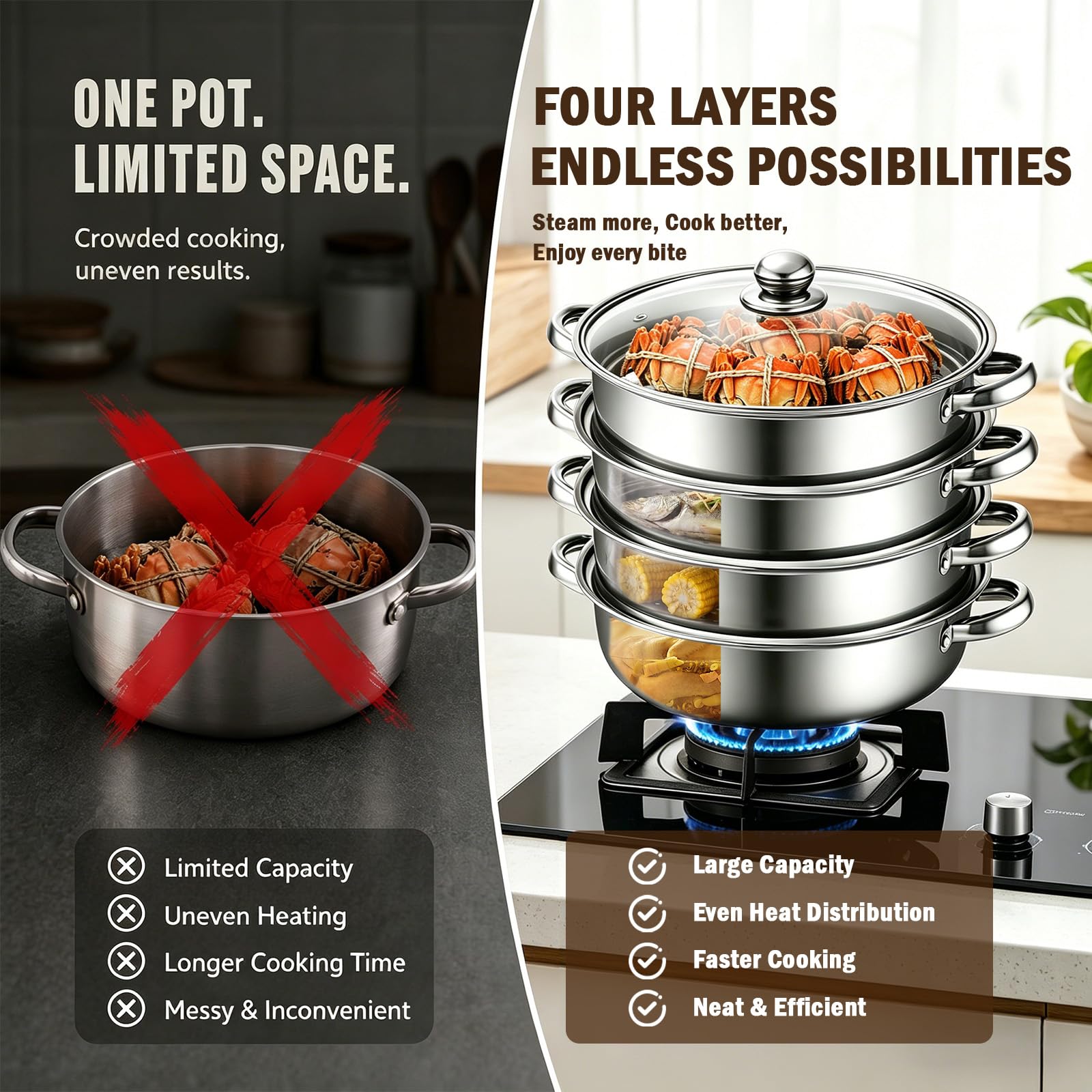 MeYuxg Pentola a vapore,28cm Vaporiera Acciaio Inox, con Inserto a Vapore e Coperchio in Vetro,pentole a 3/4 Vaporiera Pentola per cottura a vapore, zuppa, pasta, pesce (Quattro)