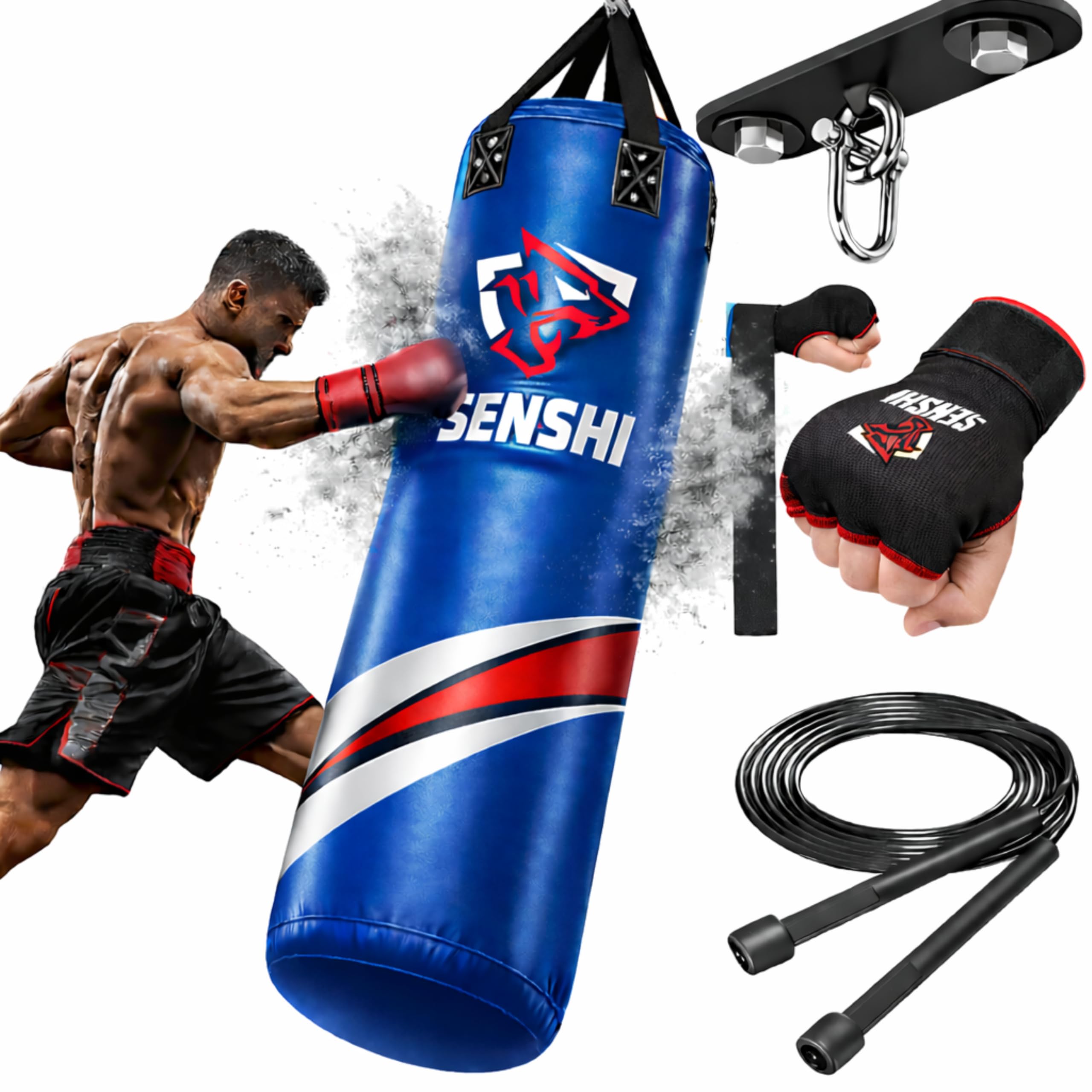 Senshi Japan Outdoor Punch Bag Boxing Heavy Filled Punching Sandbag 6ft Set, Kickboxing MMA Muay Thai Karate BJJ Punchbags Training Equipment