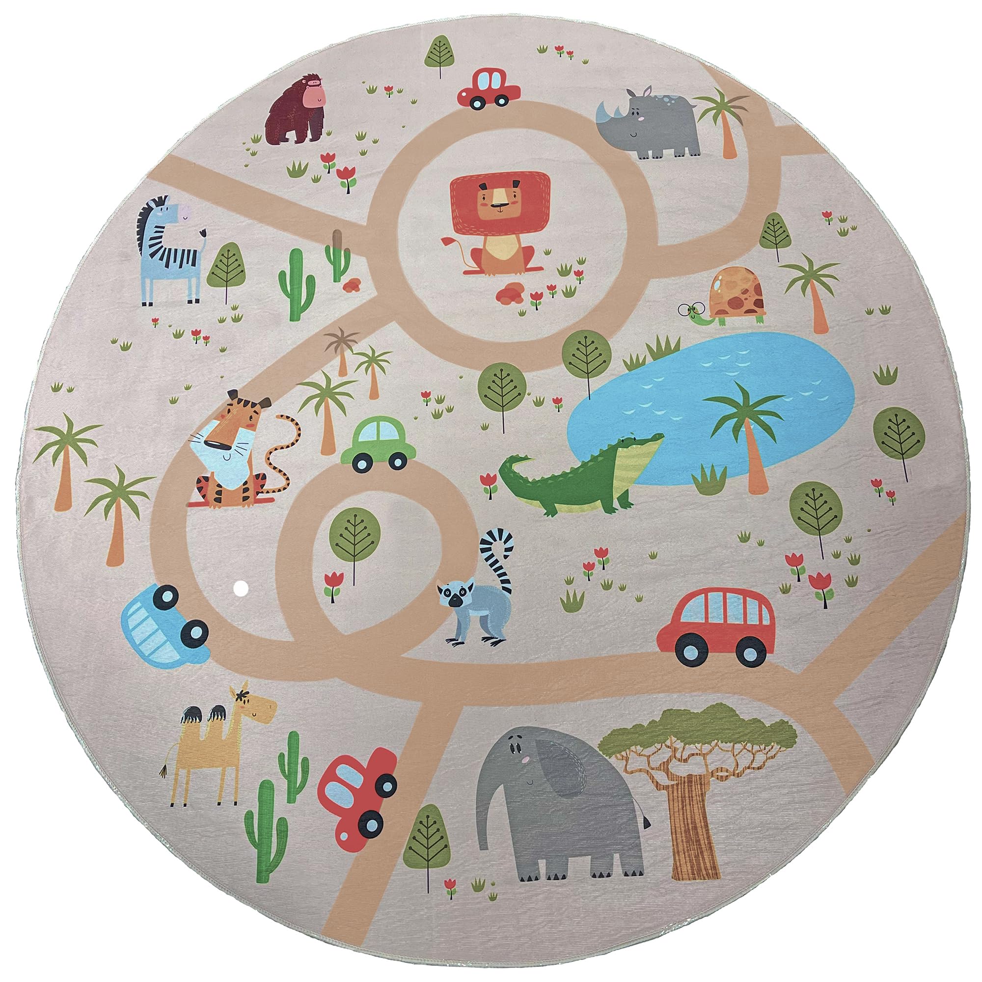 the carpet Happy Life Kinderzimmer, Kinderteppich, Spielteppich, Straßenteppich, Straße, Dschungel, Tiere, Auto, Beige-2, 160 cm Rund