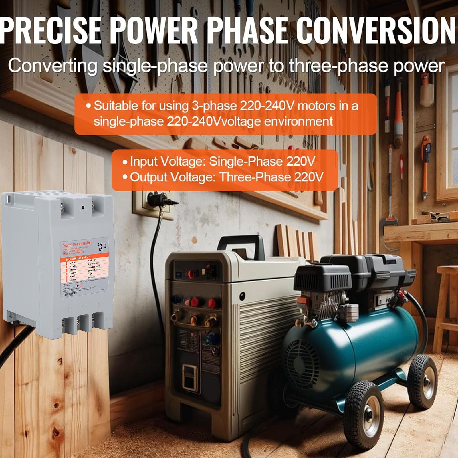 Convertisseur monophasé vers triphasé, Déphaseur Numérique 220–240 Volts Courant Alternatif Moteurs à Induction Triphasés CA