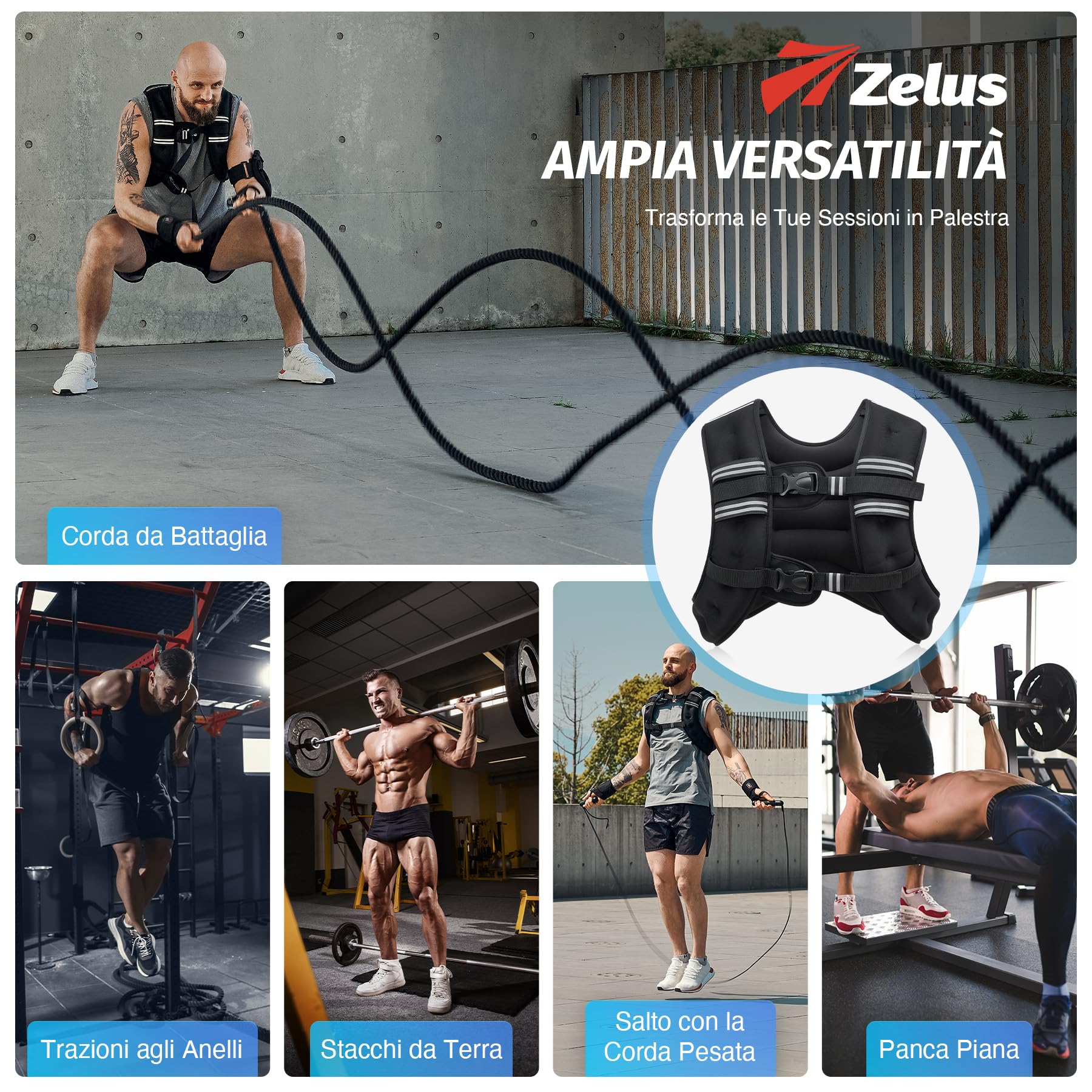 ZELUS Gilet Zavorrato 5,5/7,3/9 kg per Uomo e Donna, Giubbotto Zavorrato con Striscia Riflettente e Marsupio per Allenamento Corsa Cardio in Palestra a Casa