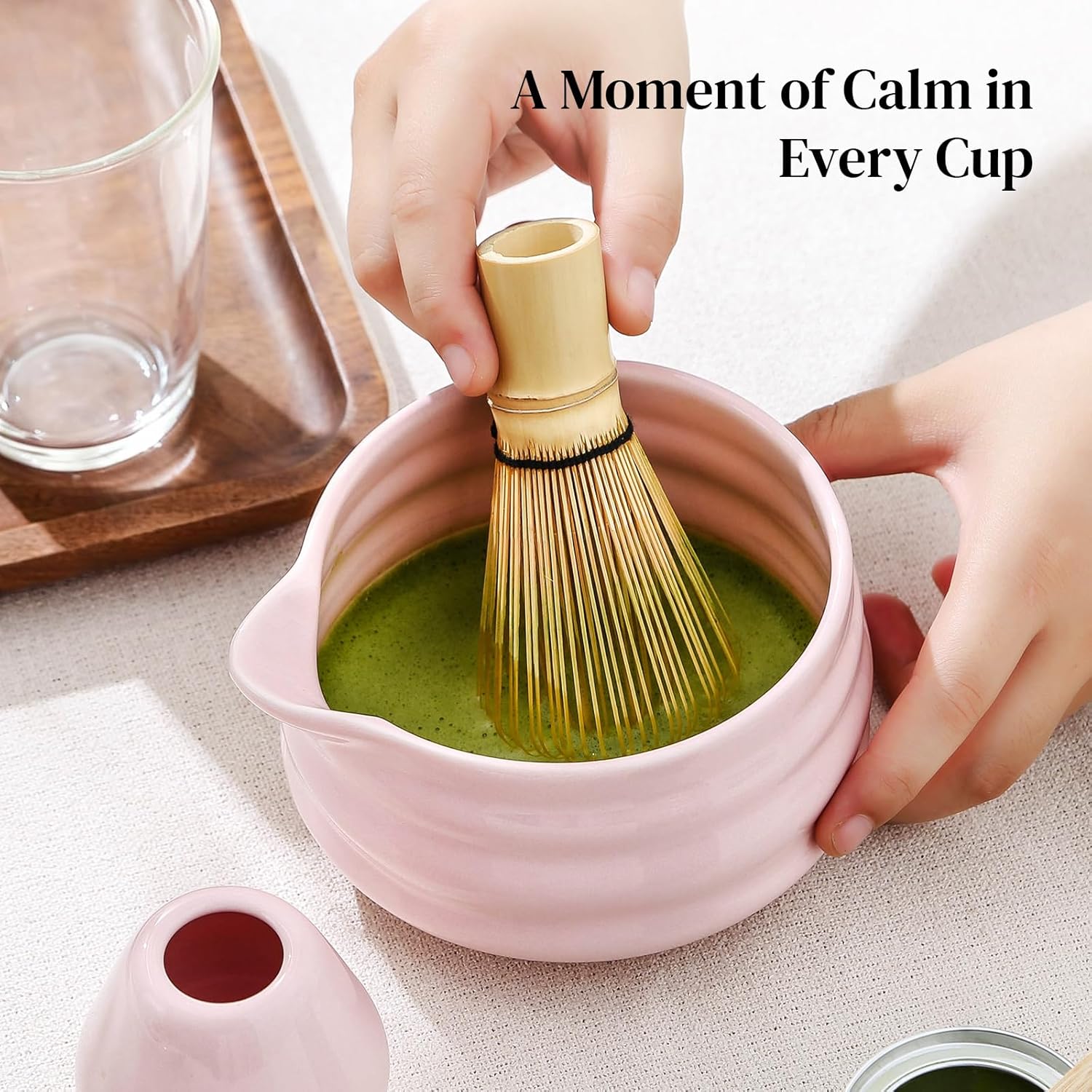 DOWAN Matcha Whisk Set, 7 Pcs Matcha Set Includes Bowl with Spout, Whisk and Holder, Bamboo Scoop and Holder, Sifter and Tea Towel - Matcha Kit Gift for Lovers Beginners (Pink) - Image 7