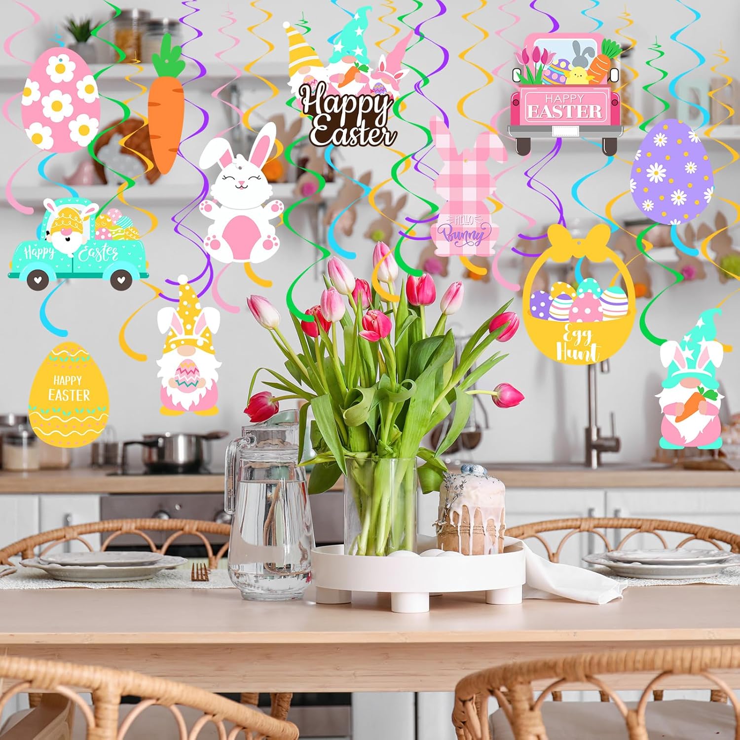Spakon 72 Pcs Happy Easter Hanging Swirl Decoration Easter Party Decoration Colorful Bunny Egg Gnome Truck Assorted Ceiling Decor for Office Home Birthday Spring Party Favors