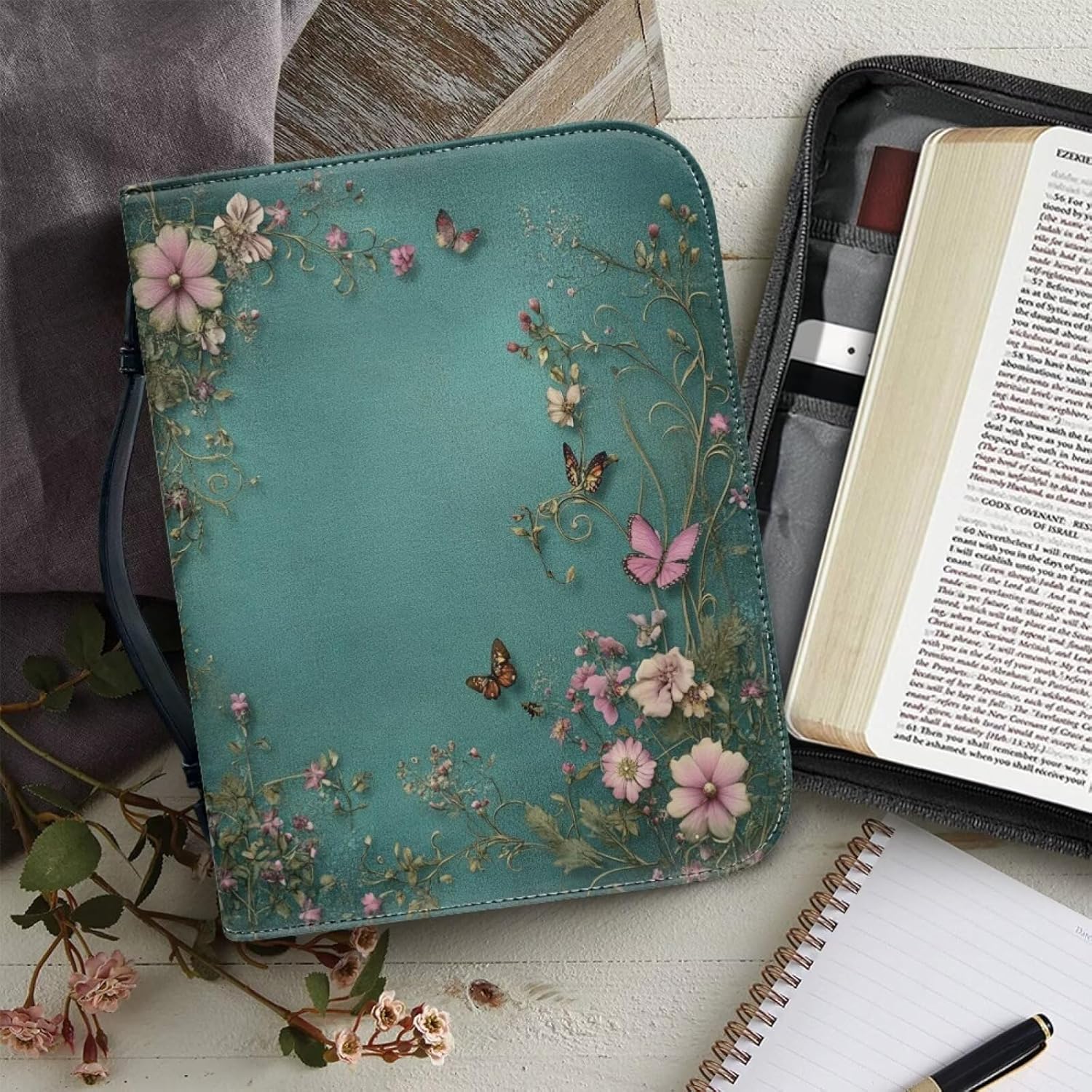 Bible Cover case for Women, PU Leather Cover with Bookmark & Tabs, Green Case for Woman, Large - Sized Bible Study Solution, Daisy Butterfly Design