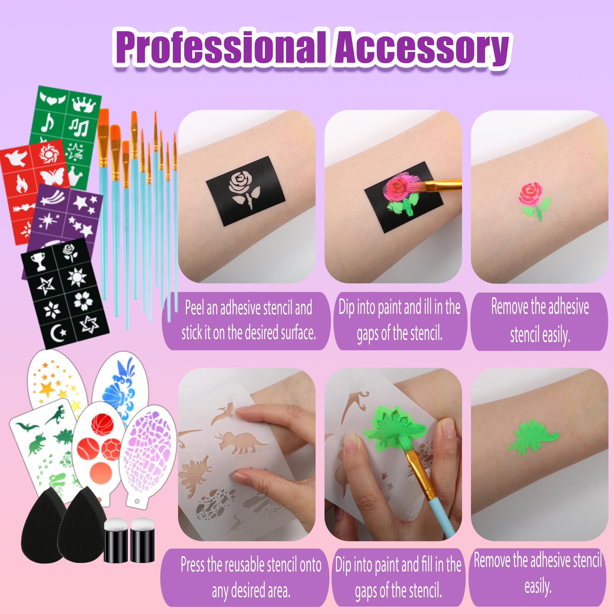 Face Painting Kit for Kids, 52 Colors Professional Face Paint Makeup Kit Non-Toxic Water Activated Facepaint Palette, glitter gel, brushes, sponges, stencils for party Halloween School Event Festivals - 5