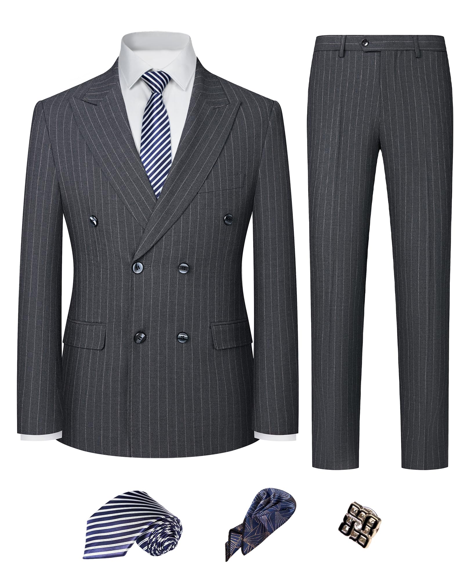 Mens Double Breasted Slim Fit Wedding Suit 2-Piece Peak Lapel Stretch Washable Formalwear Groom Business Suit