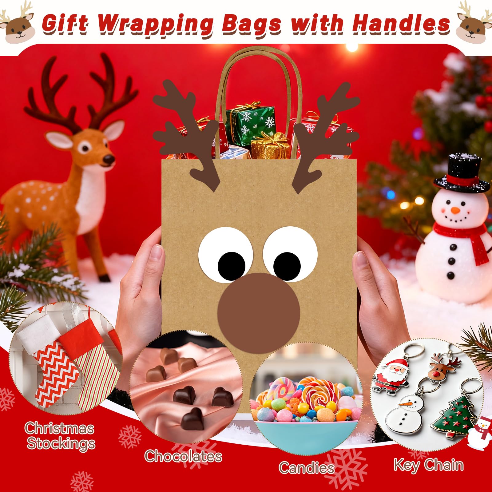 36 sacchetti regalo di Natale in carta kraft, con renna natalizia, sacchetti per dolcetti fai da te, renne, caramelle e dolcetti, con manici, forniture per imballaggio