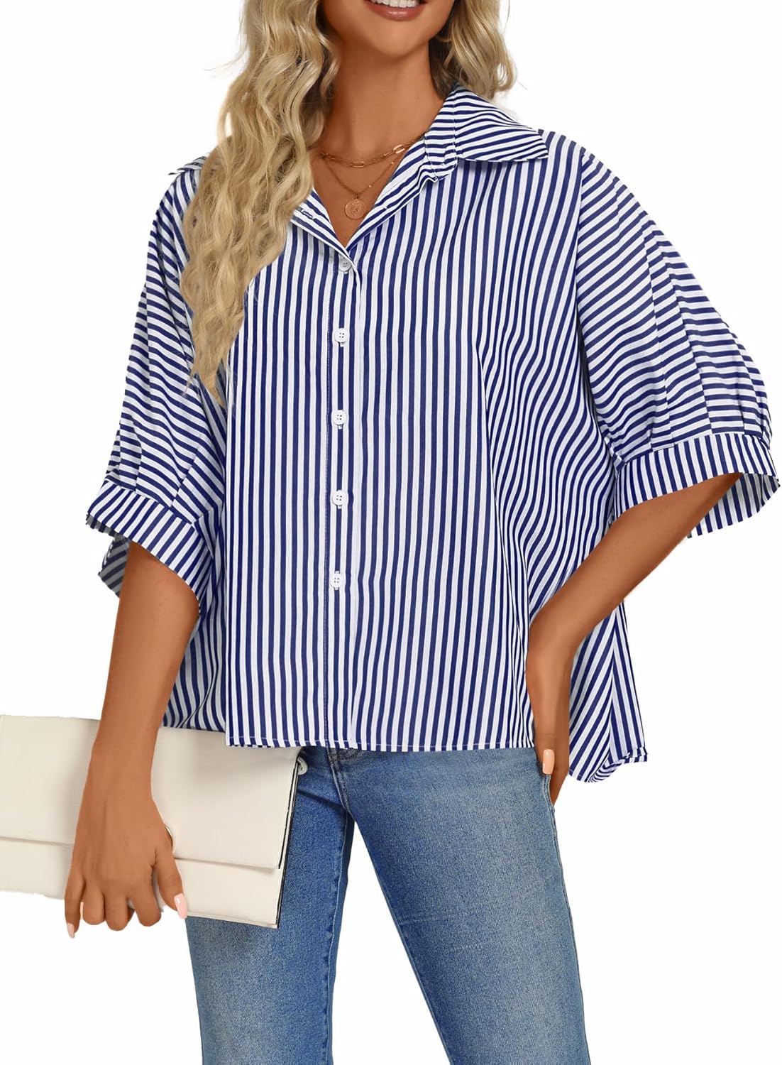 Vrtige Women's Casual Stripe Button Down Collar V Neck Half Sleeve Loose Blouse Shirt Top - Image 4