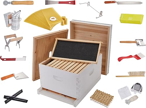 Jumbl Juego de iniciación de apicultura, 10 hojas de marco pintado blanco colmena para principiantes y profesionales, juego de herramientas