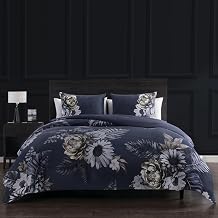 Bebejan Forget Me Not Duvet Cover Set, 100% Cotton Sateen, 220 Thread Count, 3 Piece, Blue Floral Bedding Duvet Cover Set with Zipper Closure and Corner Ties, Reversible, All Seasons Queen