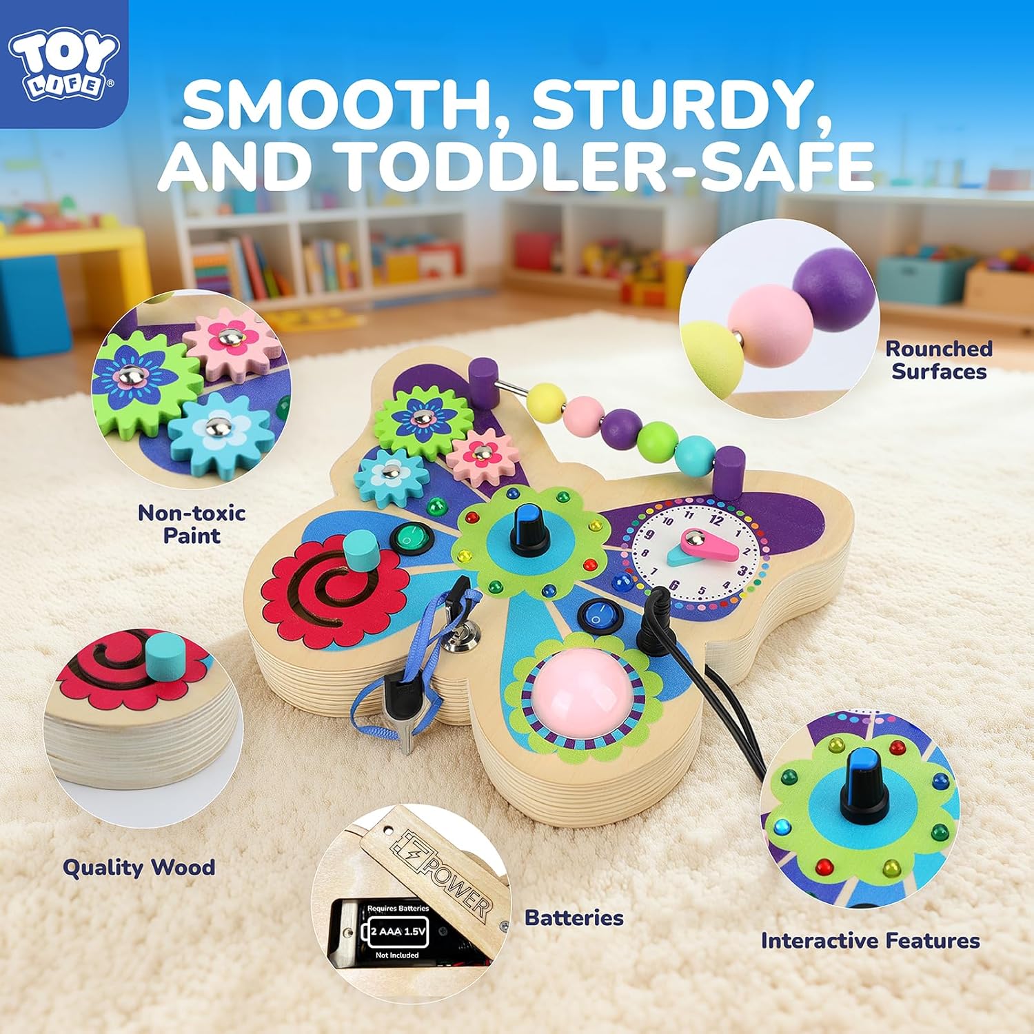 TOY Life Toddler Montessori Busy Board, Wooden Butterfly Sensory Board Toys with LED Light Up Switchs, Baby Busy Fidget Boards Travel Toys, Easter Birthday Gifts for 1+ Year Old Kids Girls Boys