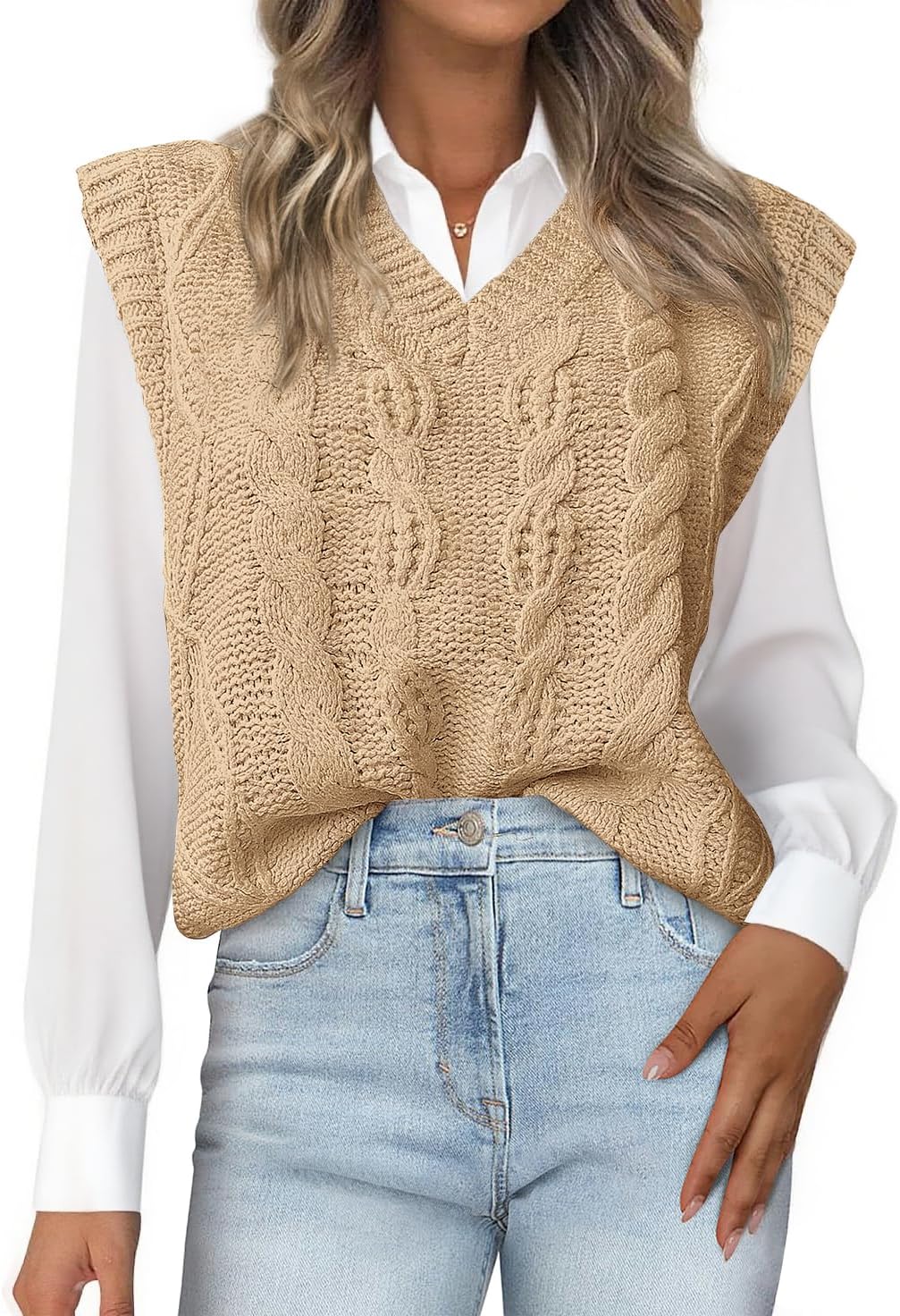BTFBM Sweater Vest Women Oversized V Neck Cable Knit Casual Pullover Sweaters Fall Outfits 2025 Sleeveless Tops - Image 2
