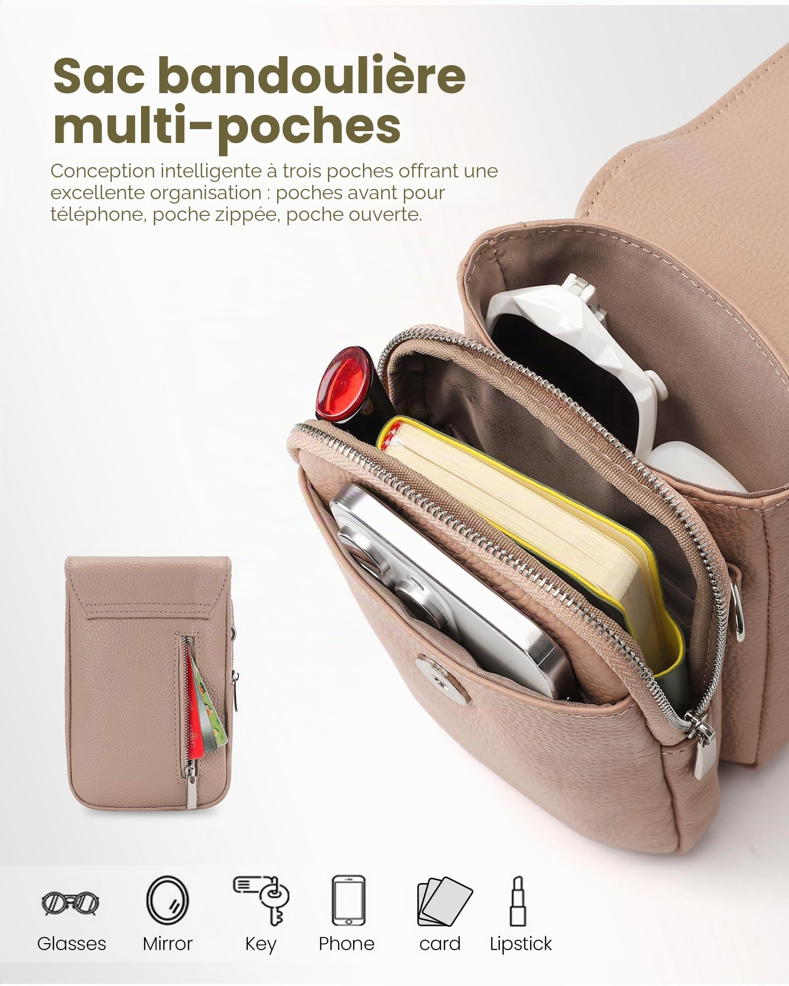 befen Sacs à Bandoulière en Cuir Véritable de Blocage RFID pour Femme, Petit Sac à Bandoulière pour Téléphone Portable, Besace Sacoche Messenger Téléphone Portable avec Bandoulière Réglable