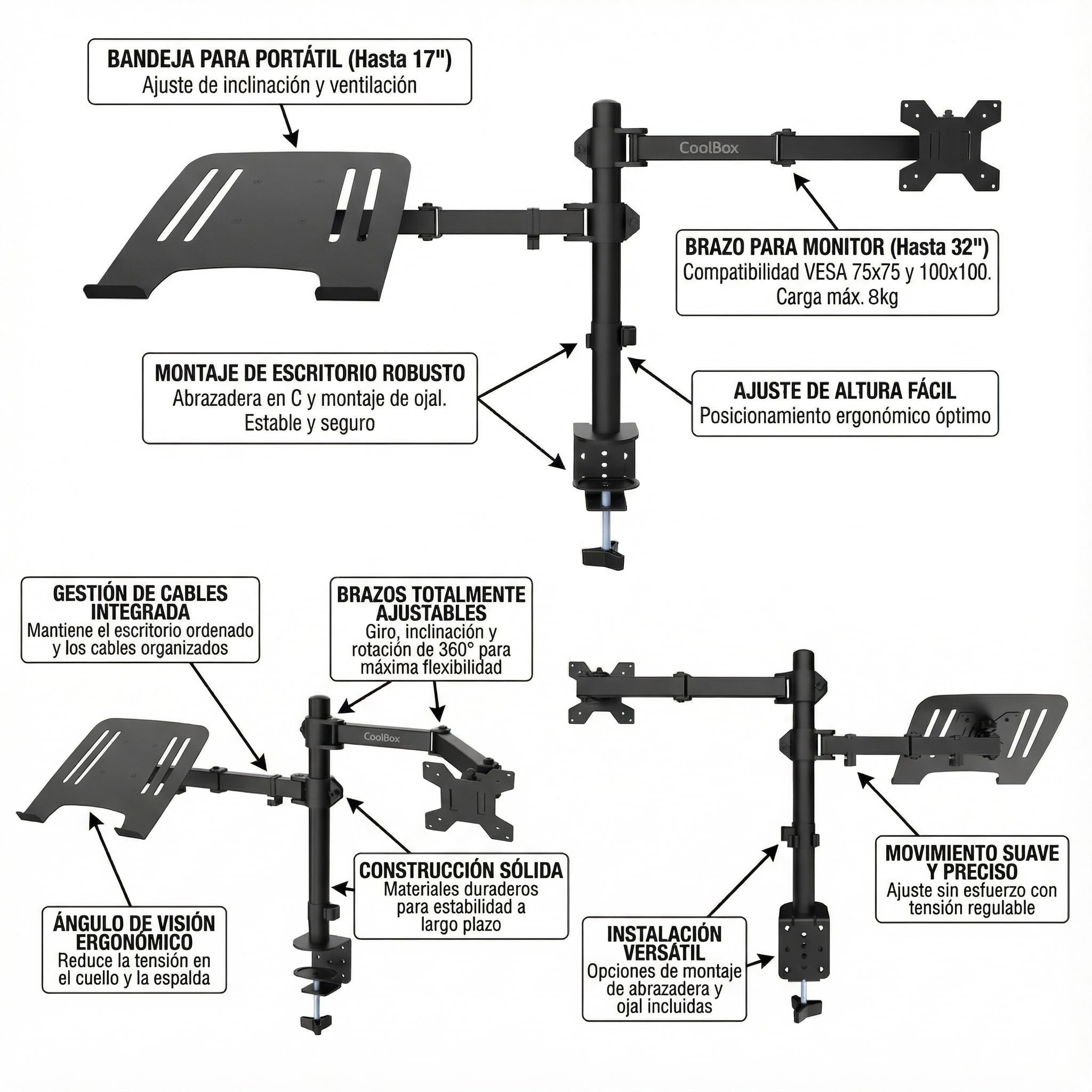 CoolBox MP01 - Soporte Monitor y Portátil, Pantalla hasta 8 kg y 32", Portátiles hasta 17", VESA 75x75 y 100x100, Altura, Inclinación y Giro Ajustables, Bandeja Inclinable. Negro