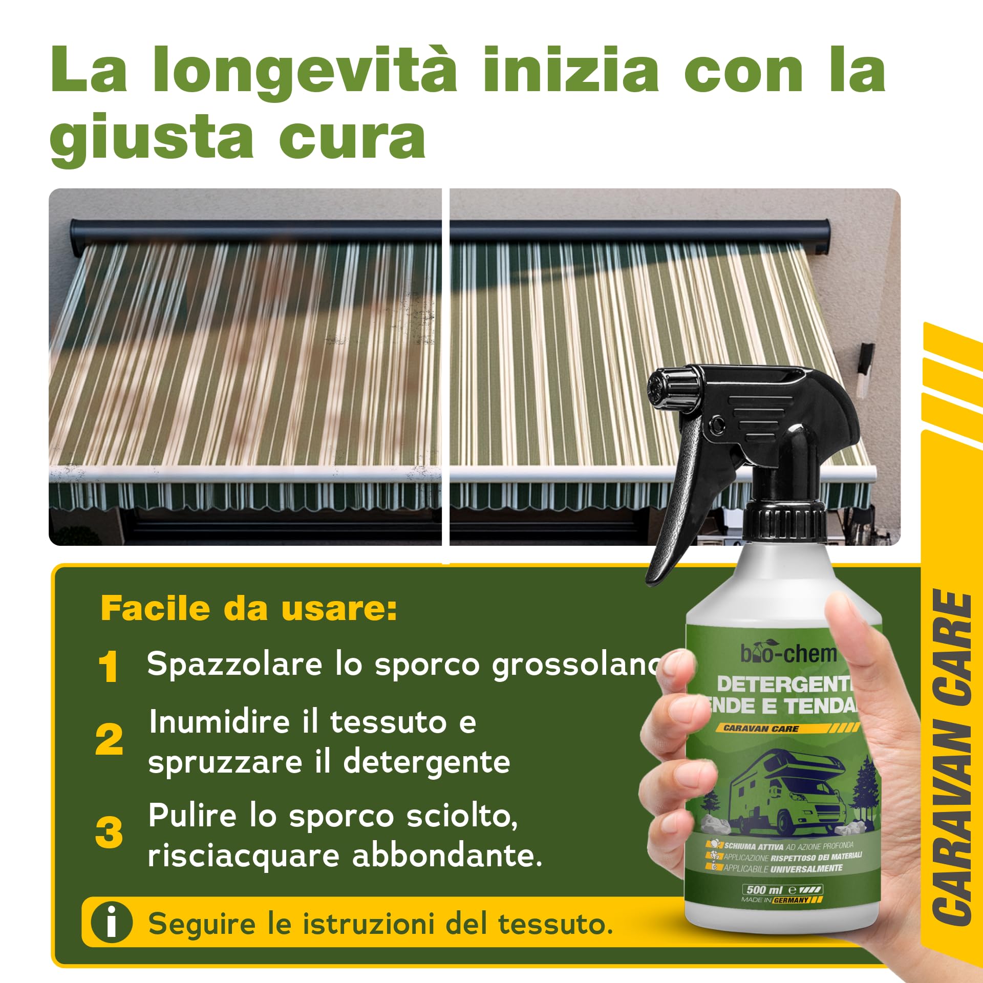 Bio-chem - Detergente per tende da sole, capottine e tetti di tenda 2 x 0,5L - Prodotto per il lavaggio di teli di tende da sole, camper, caravan, tetti di auto - Prodotto tessile ecologico