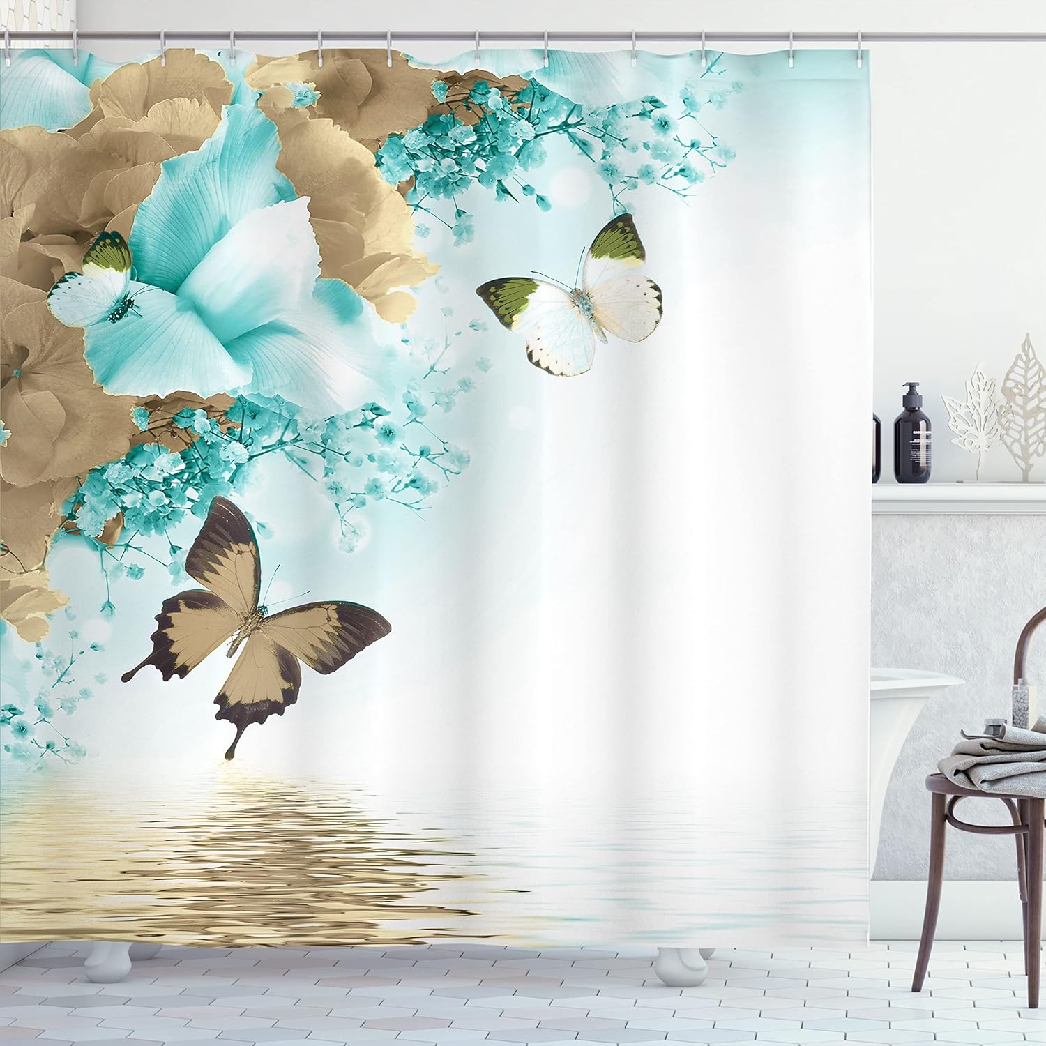 Ambesonne Floral Shower Curtain, Nature Theme Wild Flowers Monarch Flying Butterflies Lily on Lake Therapy Spa, Cloth Fabric Bathroom Decor Set with Hooks, 69" W x 70" L, Dark Khaki