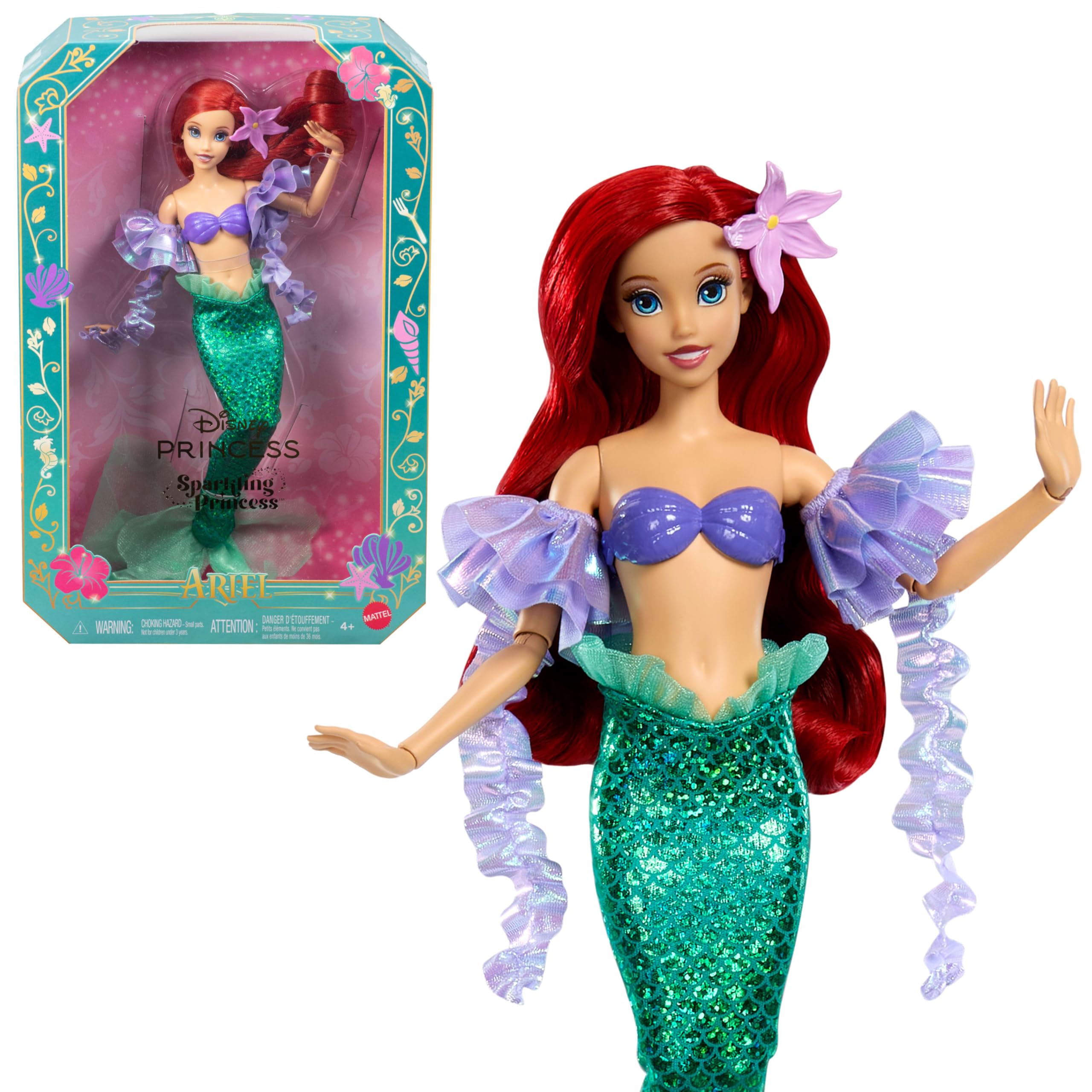 Mattel Disney Princess Mermaid Ariel Sparkling Princess Fashion Doll & Accessory with Removable Tail, Sleeves & Flower Hair Clip, Inspired by Movie