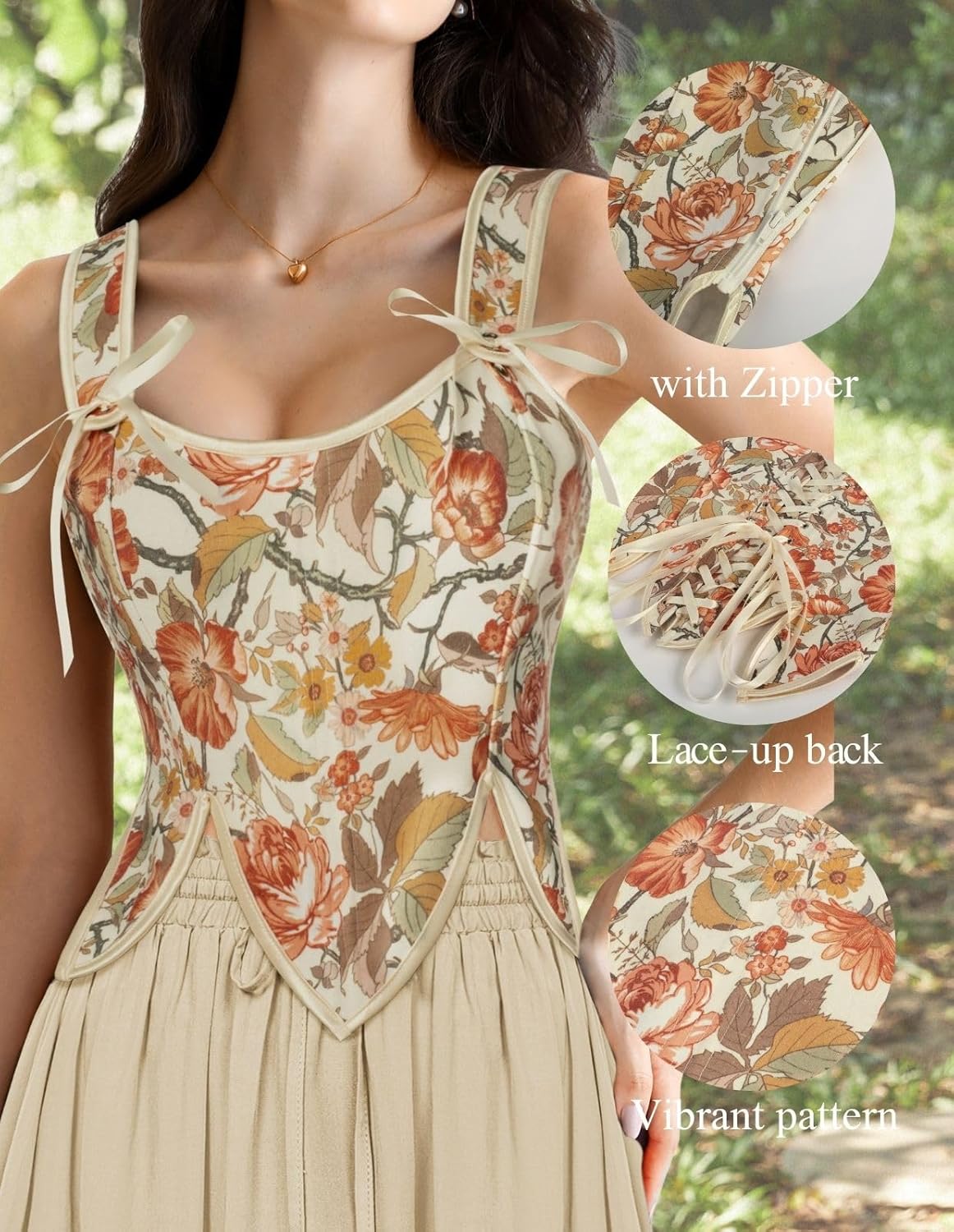 SCARLET DARKNESS Corset Tops for Women Renaissance Costume Floral Lace Up Boned Bustier with Zip - Image 2