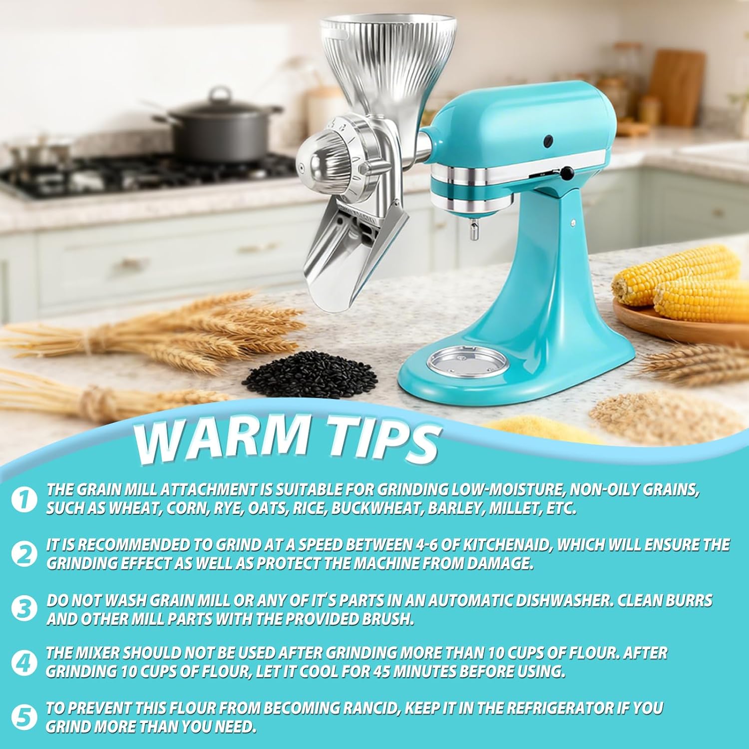 Grain Mill Attachment for KitchenAid Stand With 12 Grind Level, Kitchen Aid Mixer Attachments Wheat Grinder Fit for Wheat, Corn, Oats, Buckwheat, Millet and Other Cereals - New Upgrades