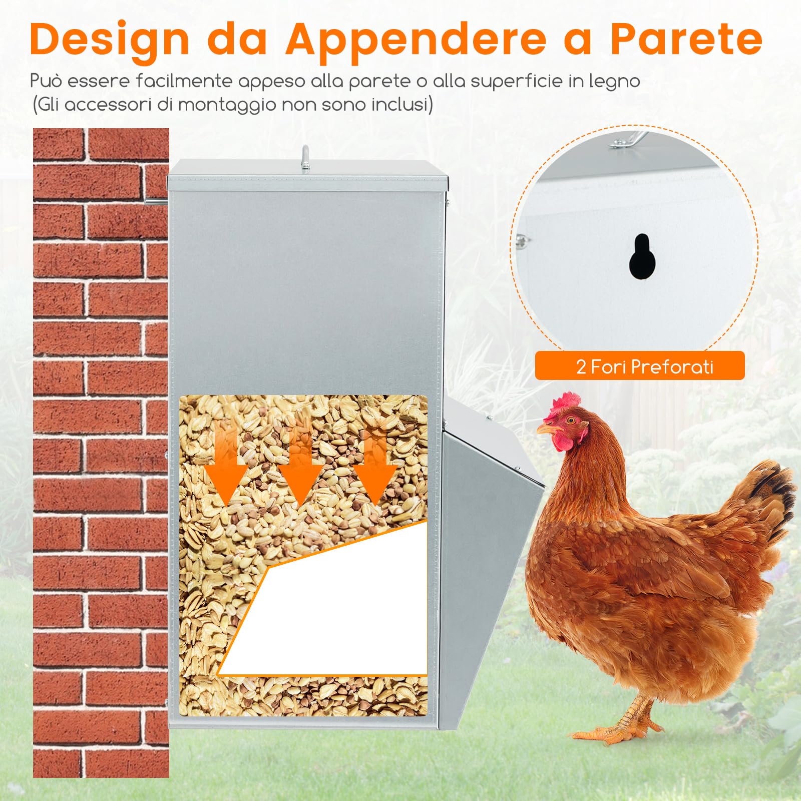 COSTWAY Mangiatore per Galline da 22kg in Acciaio Zincato, Mangiatoia Automatica a Muro con Coperchio, Forniture Agricole per Polli, Anatre, Tacchini e Oche, 35 x 35 x 55 cm