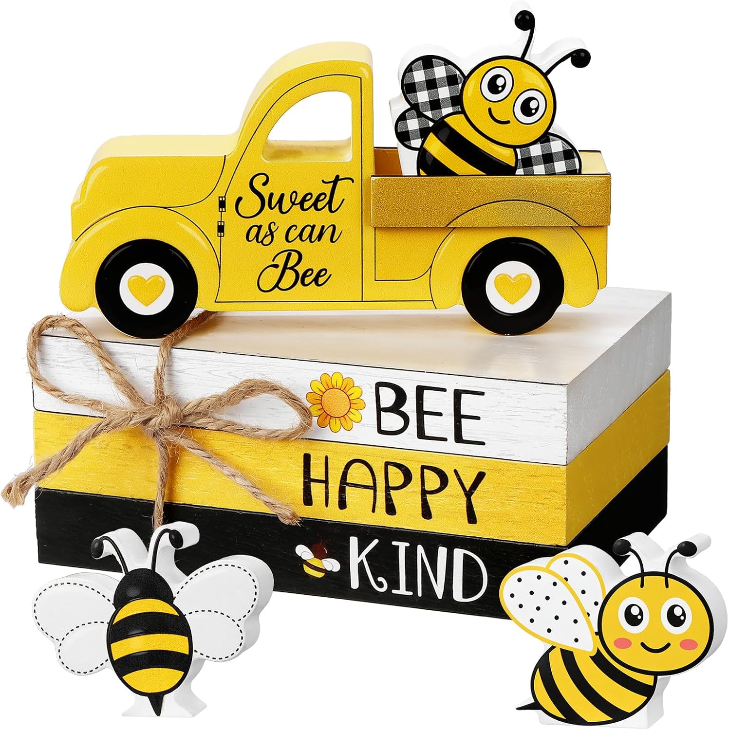 7Pcs Bee Wooden Table Sign Bee Decor Wooden Book Stack Summer Woo-den Table Centerpiece Sign Rustic Farmhouse Table Decoration for Holiday Home Honey Party Supplies