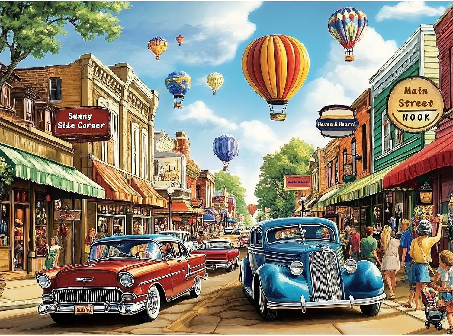 500 Piece Jigsaw Puzzle for Adults - Vintage Main Street Town with Classic Cars & Hot Air Balloons, Nostalgic Retro Streetscape, Great for Family Game Nights & Stress Relief, 20.5 x 15 in