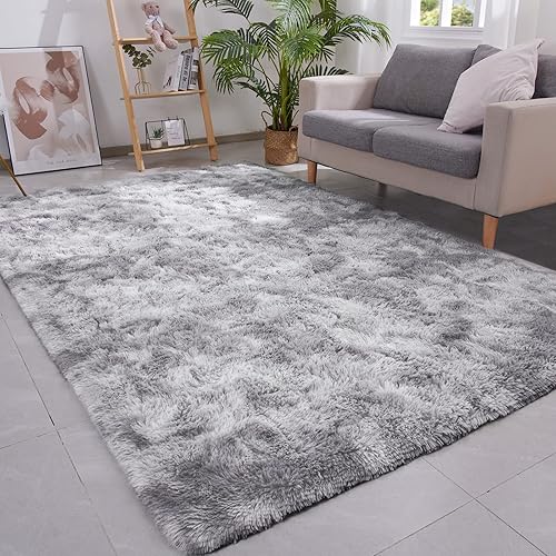 Vocrite Fluffy Rug for Bedroom, Gray 4'x6' Furry Shag Area Carpets, Anti-Slip Plush Shaggy Fur Throw Rugs for Kids Girls Nursery Dorm Living Room Classroom Home Decor,Tie Dyed Light Grey