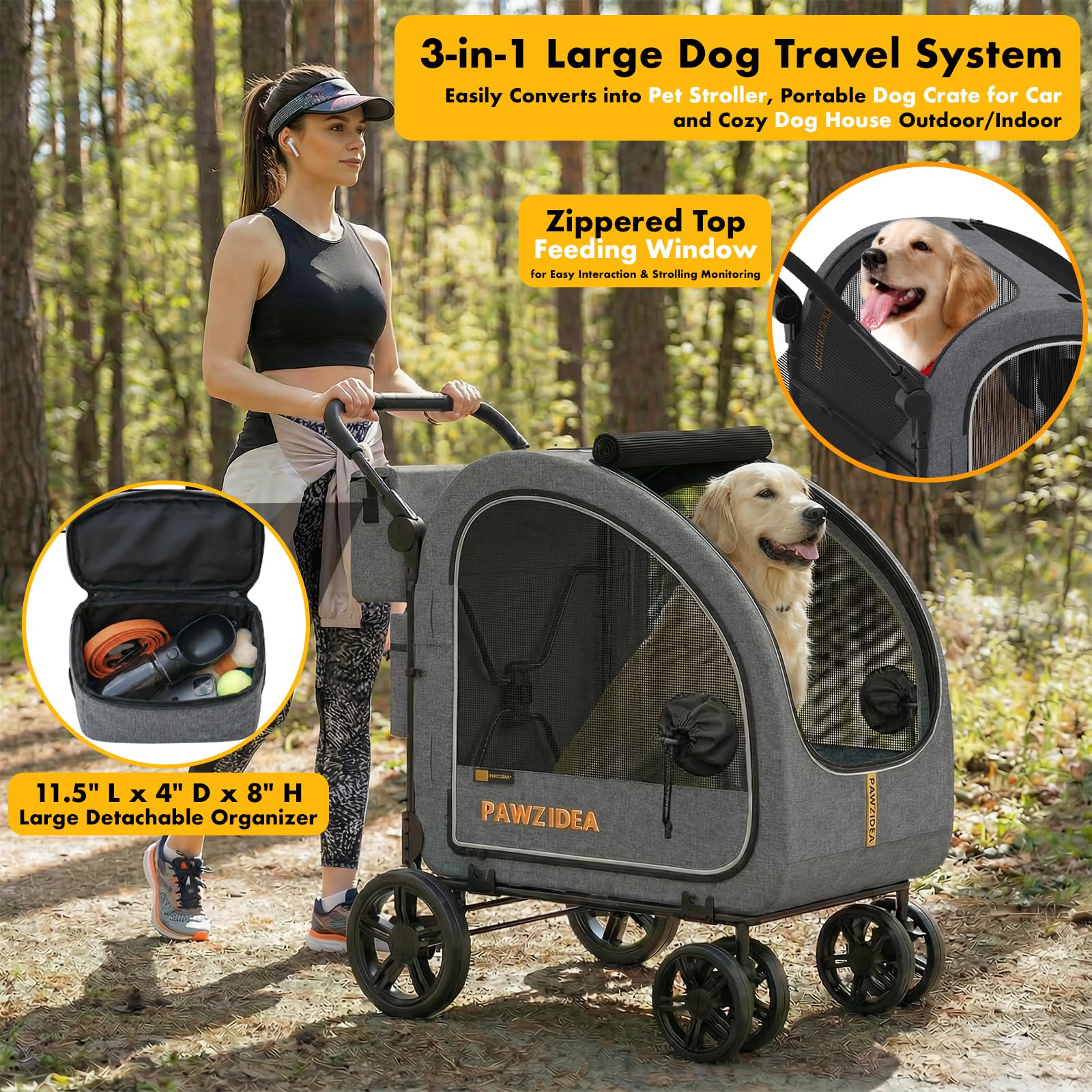 PAWZIDEA Passeggino per cani di grandi dimensioni, extra large, con trasportino staccabile, fino a 50 kg (grigio)