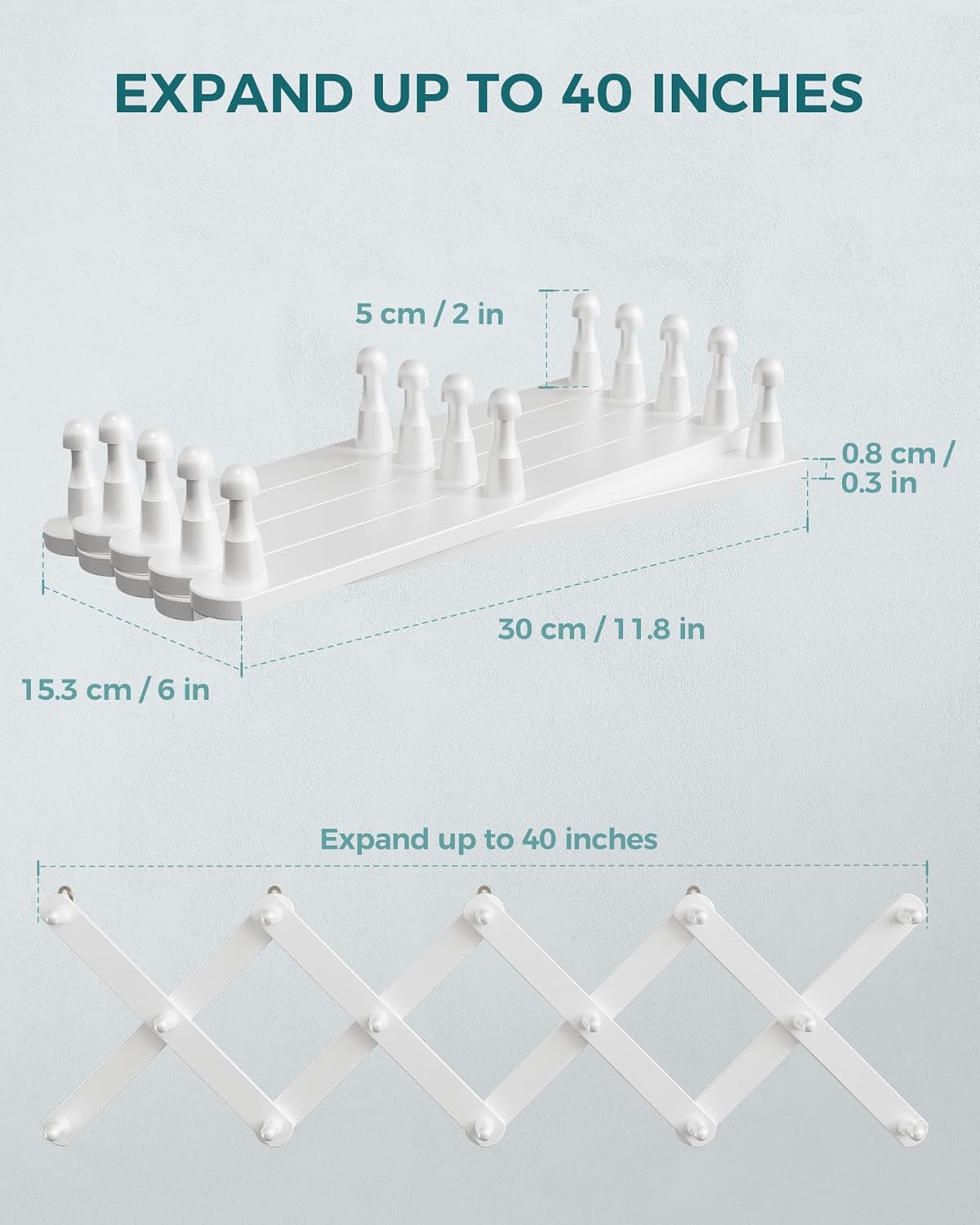 OROPY Wood Accordion Wall Hanger, Expandable Coat Rack Wall Mount with 14 Pegs, Expanding Hat Rack for Wall White