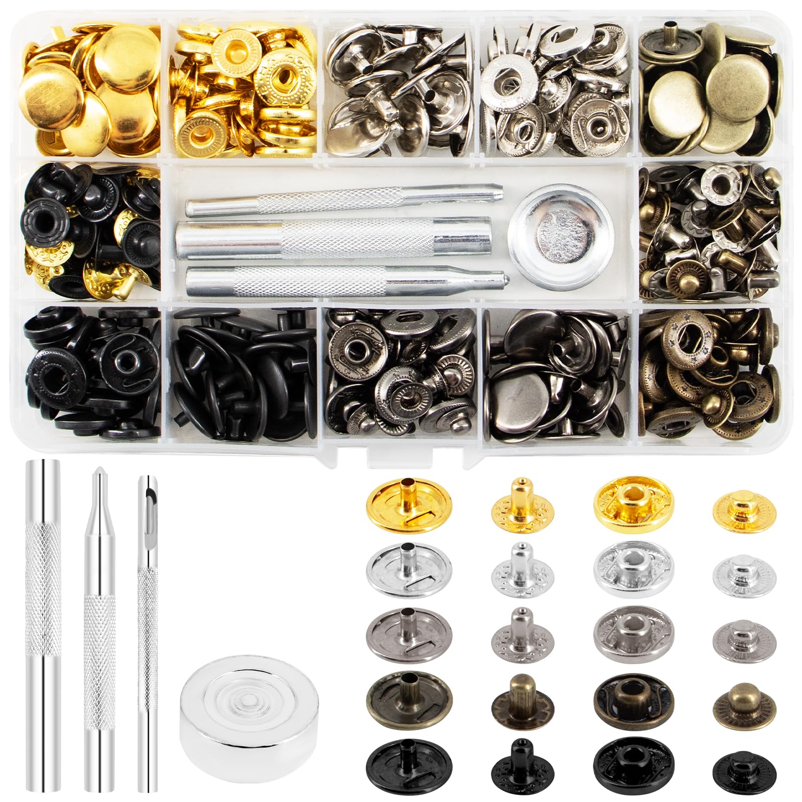 Yuaerbuo 324PCS(80 Sets) Press Studs Snap Fasteners, 15mm Snap Fastener Kit, 5-Color Snap Buttons with 4 Tools, Press Studs for Clothing, Suitable for Clothing Jackets Bags Leather DIY Craft
