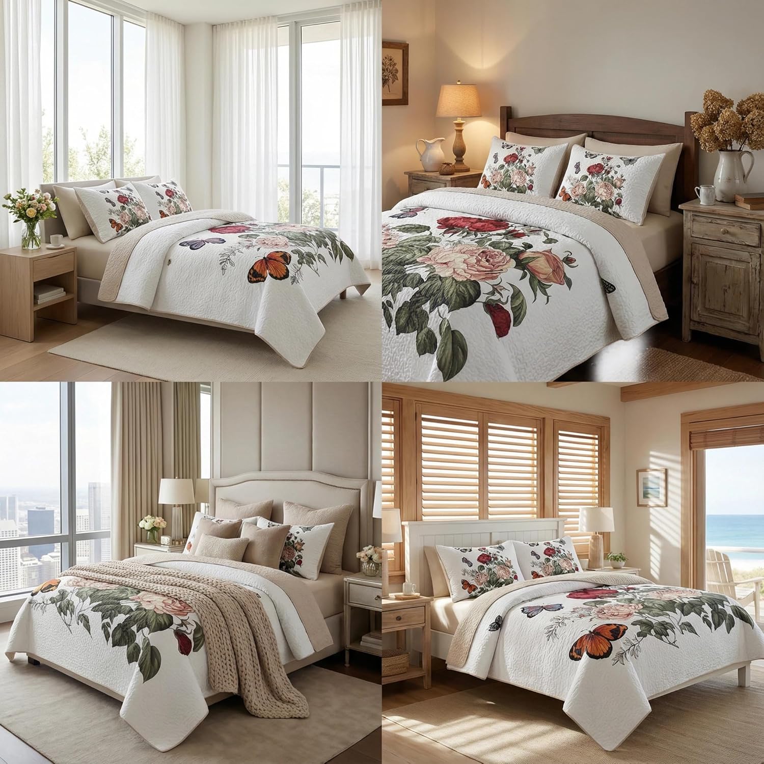 Boho Floral Spring Quilt Set Queen 3 Pcs Butterfly Rose Flower Bedspread Comforter Soft Lightweight Microfiber Bedding Set with 2 Pillow Shams for All Season (Butterfly Rose, Queen) - Image 3