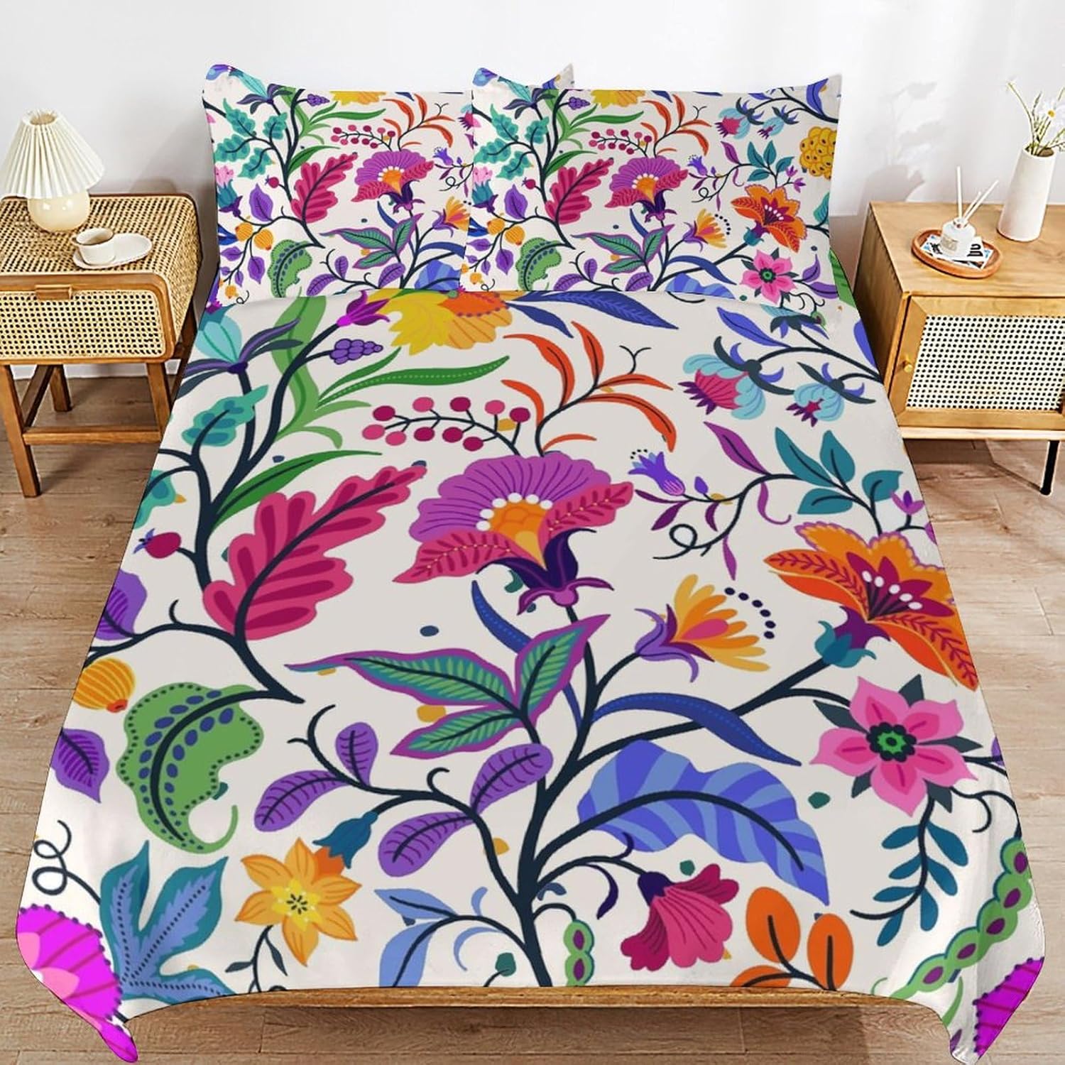 Watercolor Rainbow Colorful Dragonfly Duvet Cover Set 3 Piece Queen Size,1 Rustic Vintage Bohemia Abstract Flower Leaves Duvet Cover&2 Pillowcases(No Insert)